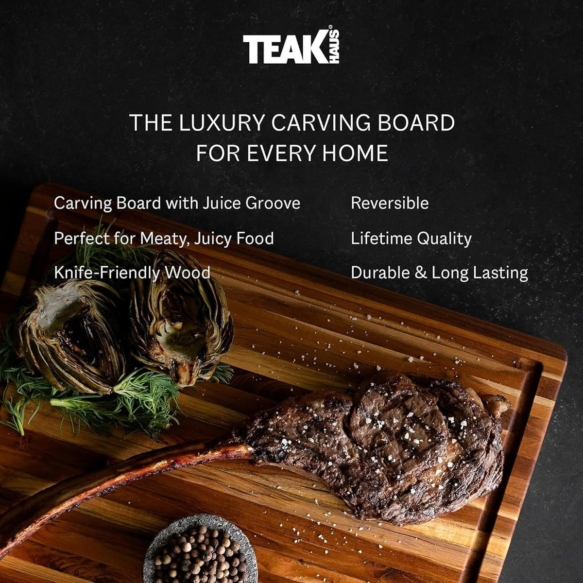 Teakhaus Cutting Board - Medium (M) Wood Cutting Board with Juice Groove and Grip Handles - 18”L x 14”W - Thin, Lightweight, Reversible Teak Edge Grain Wood - Knife Friendly - FSC Certified