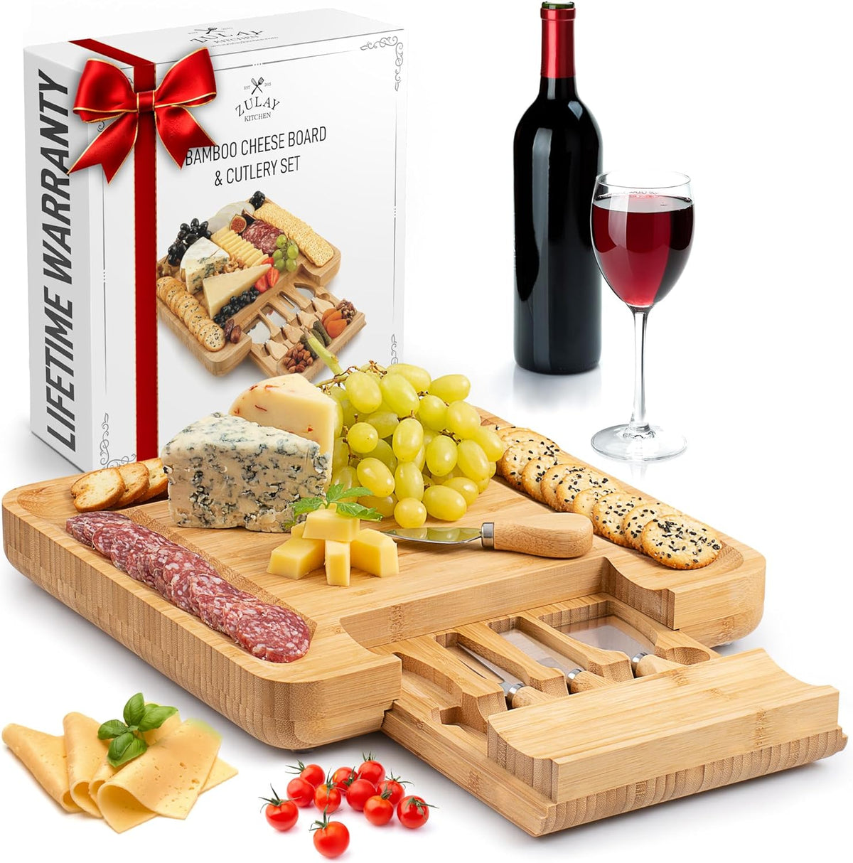 Zulay Kitchen Premium Bamboo Cheese Board Set - Extra Thick Bamboo Charcuterie Board Set with 4 Piece Knife Set - Wooden Cheese Board is Perfect for Charcuterie, Wine and Cheese (Party Set)