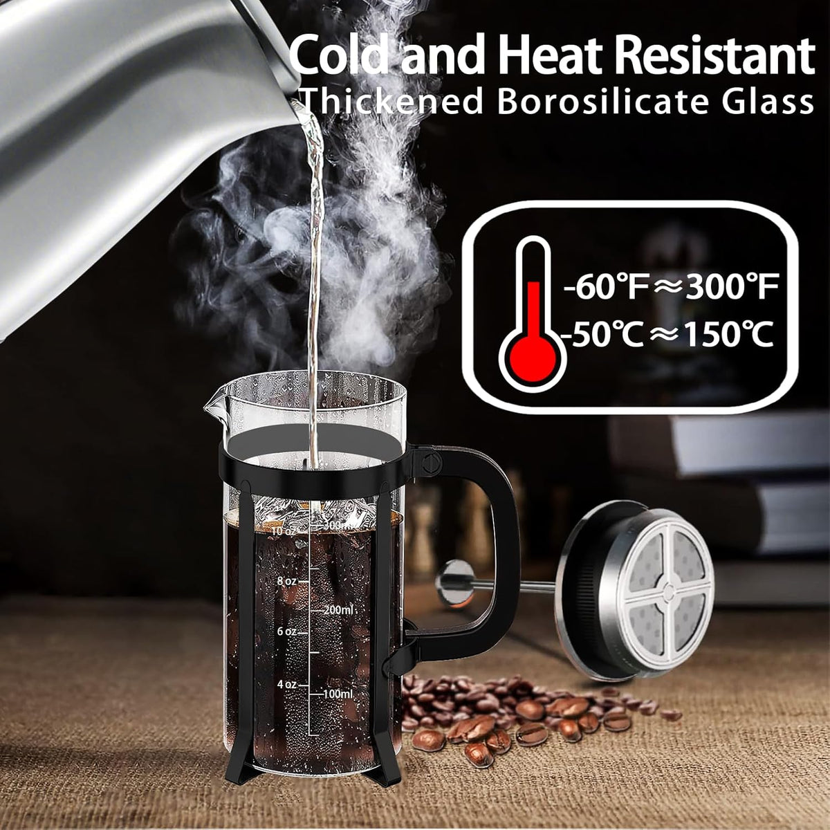 French Press Coffee Maker 304 Stainless Steel Coffee Press,with 4 Filters System, Heat Resistant Thickness Borosilicate French Press Glass, BPA-Free Brewed Tea Pot Coffee Plunger(Copper 12oz)