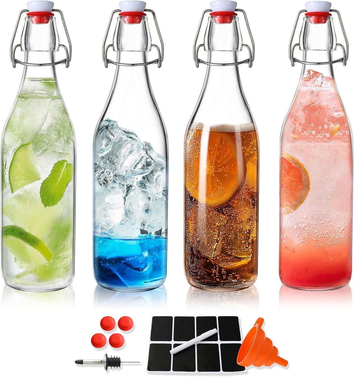 Leetaltree 4 Pack 16OZ Swing Top Glass Bottles Set, Brewing with Airtight Lid, Flip Top for Kombucha, Beverages, Beer, Oils-With Gaskets, Pourers, Etc