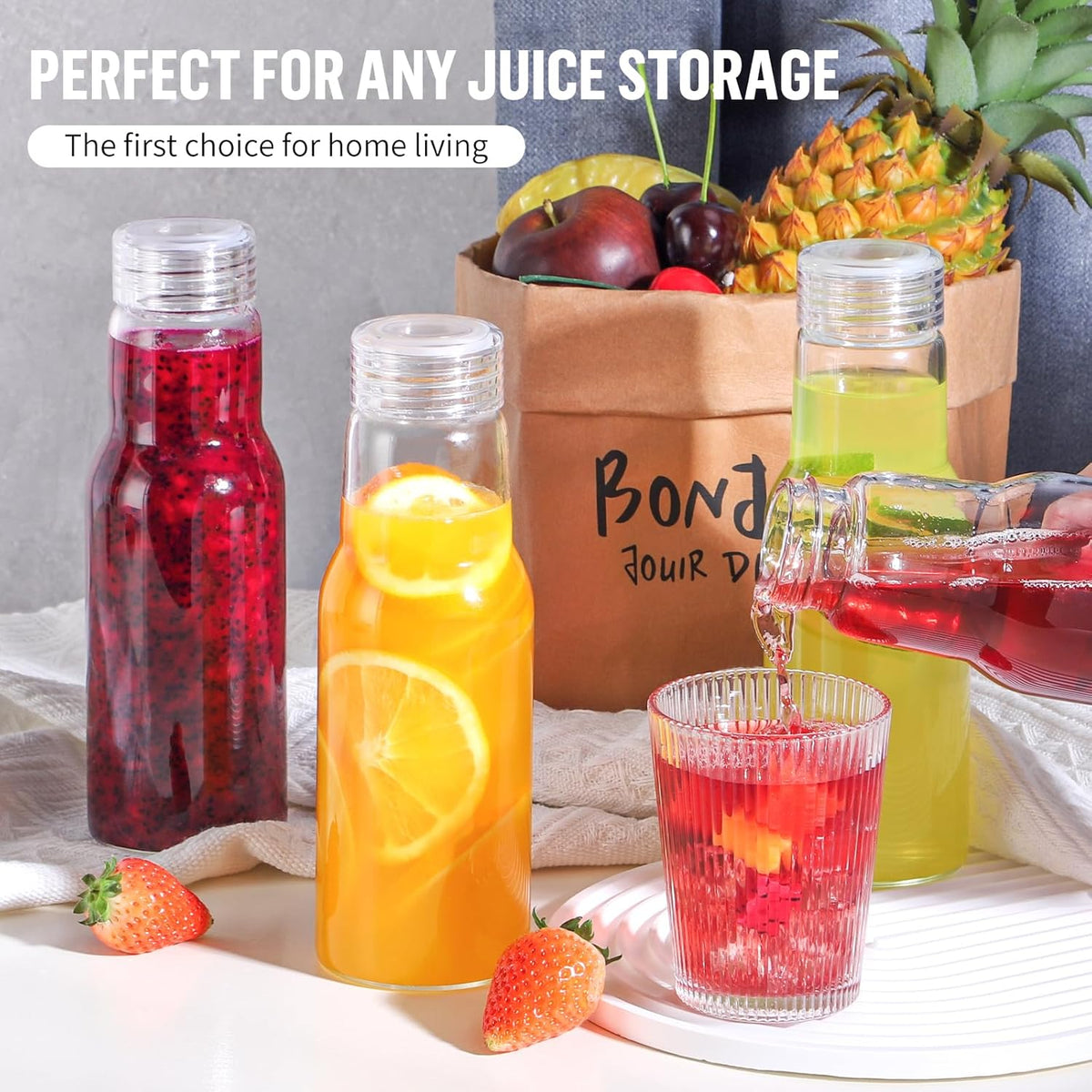 17 Oz Glass Juice Bottles with Lids, Glass Bottles, BPA Free, Borosilicate Glass for Juicing, Smoothies, Infused Water, Beverage Storage, Shaker Bottles (4 Pack)