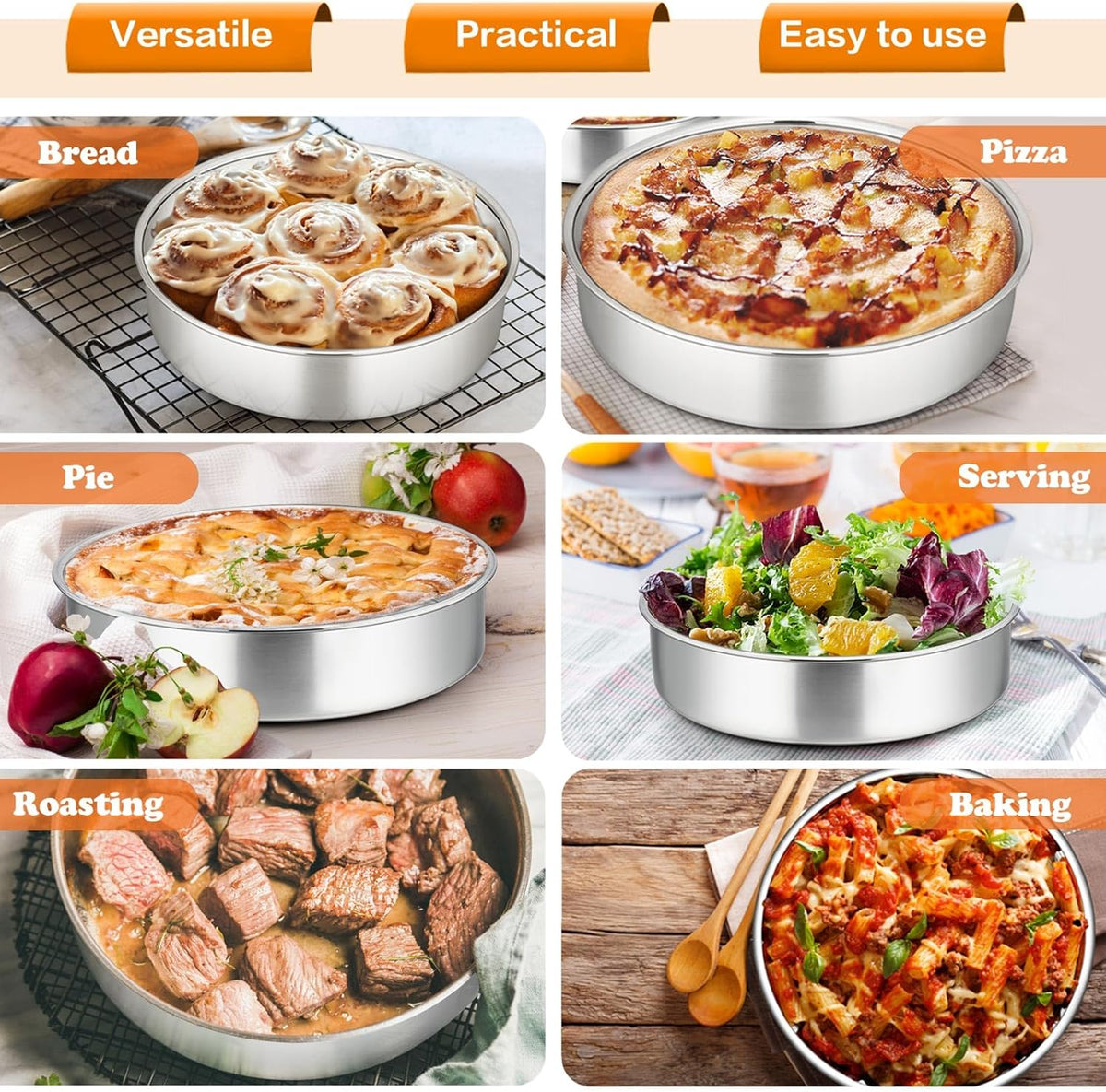P&P CHEF 8 Inch Round Cake Pan Set of 3, Stainless Steel Round Baking Layer Pans Bakeware for Layer Birthday Cake, Fit Oven/Pots/Pressure Cooker, Leakproof & Dishwasher Safe, Silver