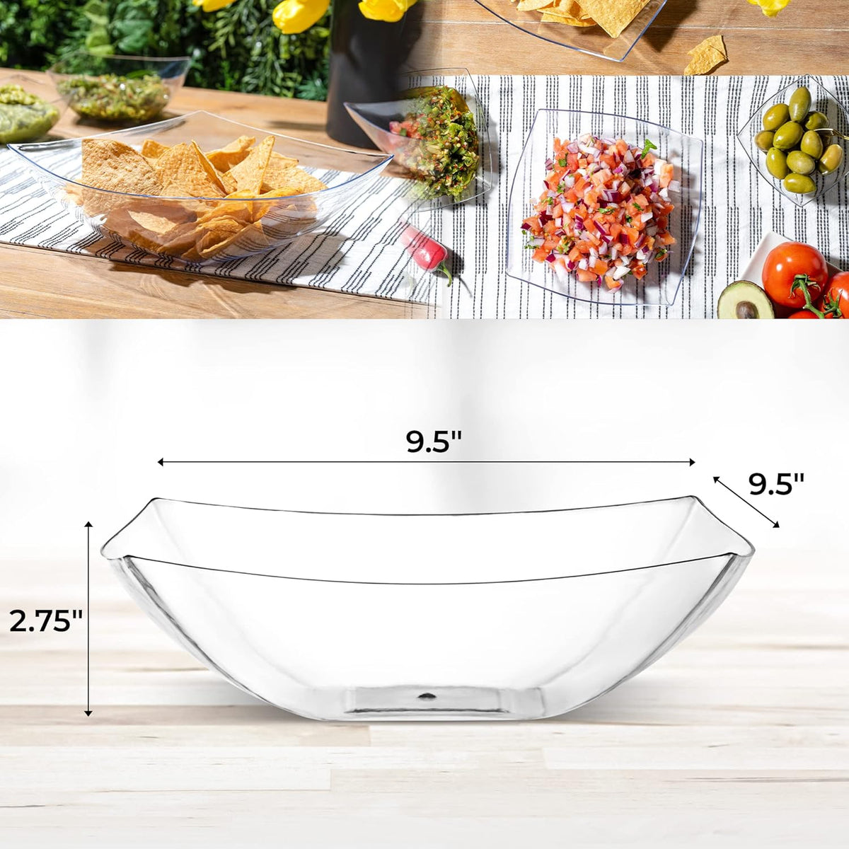Posh Setting - Clear Plastic Serving Bowls (64oz - 4 Pack) Square, Disposable, Candy & Fruit Bowls for Party Table, Candy Containers
