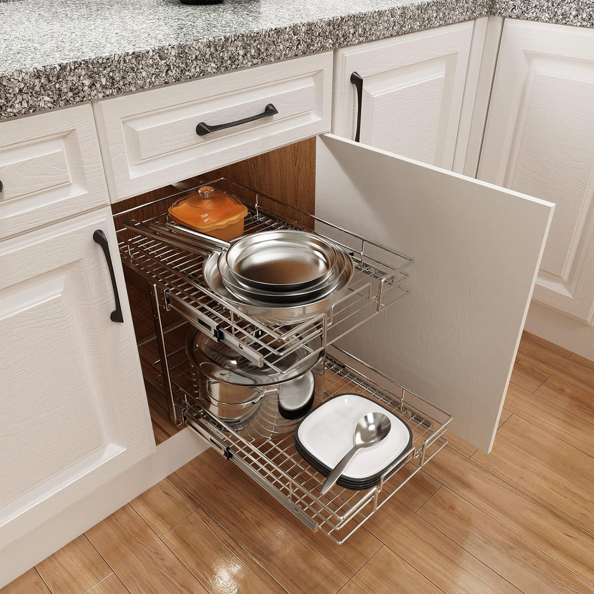 ROOMTEC Individual Pull Out Cabinet Organizer (17" W x 21" D), 2 Tier Spice Rack Organizer for Cabinet, Slide Out Drawer Pantry Shelf Organization and Storage for Kitchen Bathroom