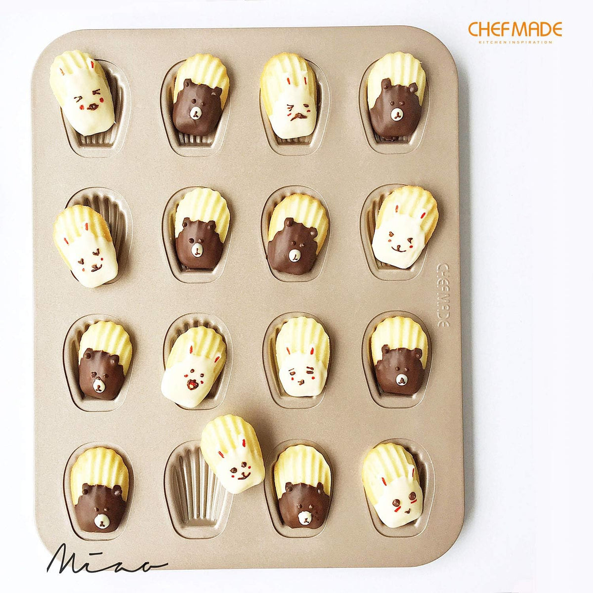 CHEFMADE Mini Madeleine Mold Cake Pan, 16-Cavity Non-Stick Tiny Oval Shell Madeline Bakeware for Oven Baking (Champagne Gold)