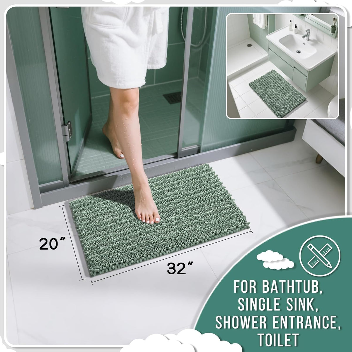 Yimobra Bathroom Rugs Non Slip Washable 32x20 Inch - Ultra Soft Absorbent Chenille Bath Mat, Quick Dry Shaggy Floor Carpet for Tub Shower, Green Home Decor Accessories