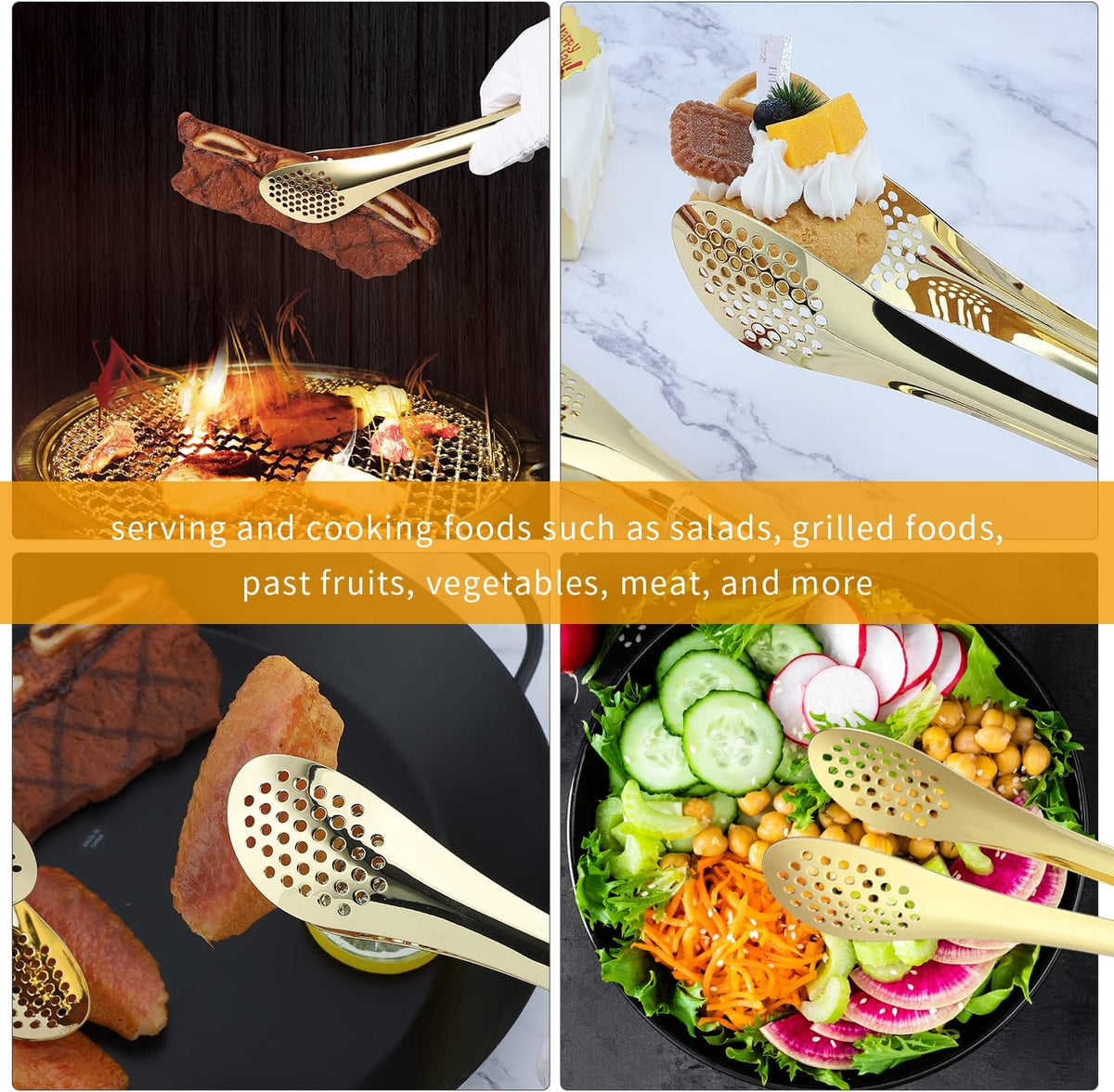MSY BIGSUNNY 2 Pack Buffet Tongs, Gold-plated Stainless Steel Food Tongs Serving Tong