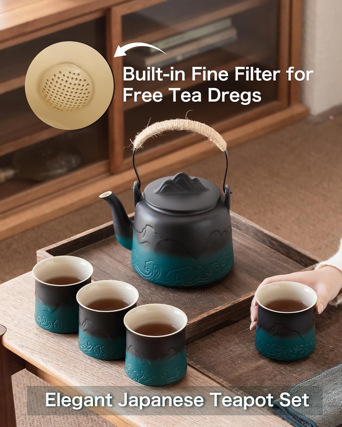 ZENS Vintage Japanese Tea Set, Gradient Embossed Ceramic Japanese Teapot with 4 Teacups, Hemp Rope Handle 33.8 oz Loose Leaf Teapot with Built-in Strainer for Tea Steeper Gifts, Black & Green