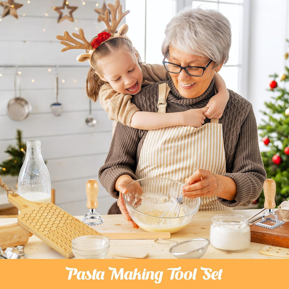 Tioncy 7 Pcs Gnocchi Pasta Making Tool, Wood Gnocchi Board with Ravioli Stamp and Rolling Pin Set Homemade Kitchen Gift for Baking Lovers(Dumpling Style)