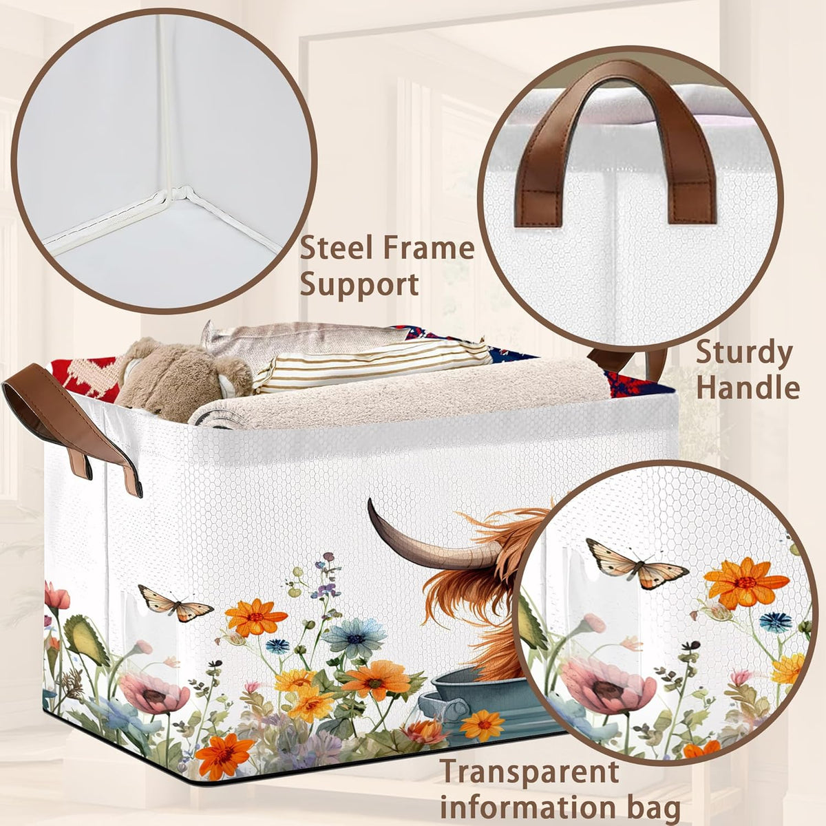 Farm Animal Storage Basket Large 17x11.5x10.5 Inche-Collapsible Fabric Organizer Bin with Handles for Nursery, Kids Room, Barnyard Theme-Decorative Hamper with Playful Cow Print Design-Single Pack