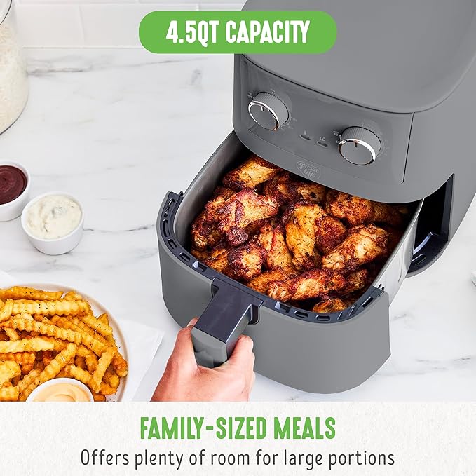 GreenLife 4.5QT Air Fryer, Mechanical Dial Controls, PFAS-Free Ceramic Nonstick Drawer, Adjustable Temp & Timer, LED Indicator, Oil-Less Cooking, Dishwasher Safe, Compact Family Size, Graphite