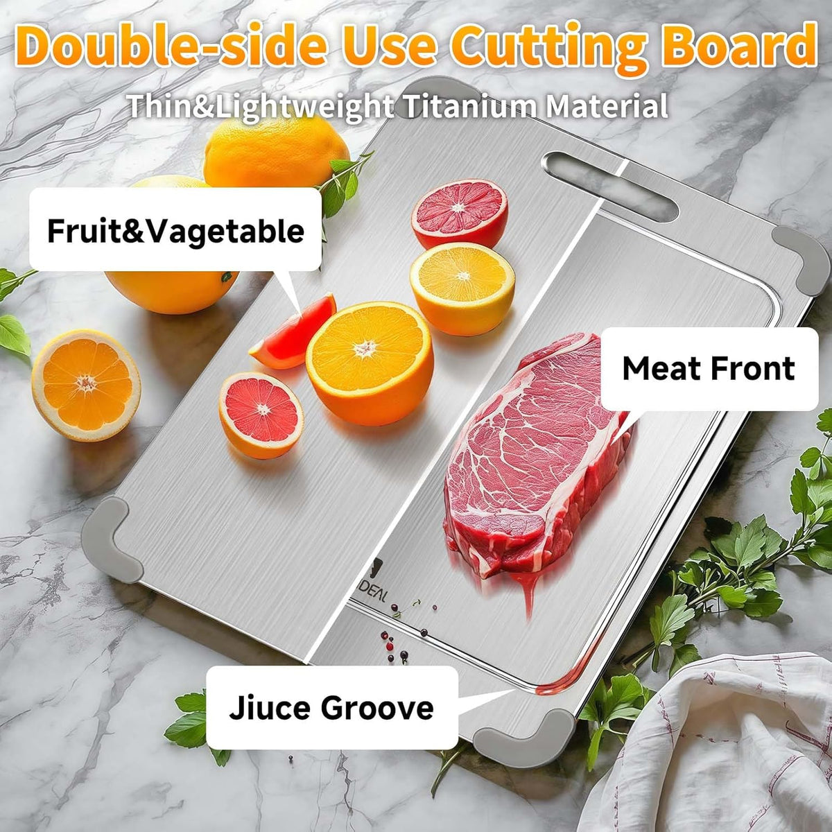 100% Pure Titanium Cutting Board with Grooves, Update Double Side Titanium Chopping Board, Silicone Anti-slip Stainless Cutting Boards for Kitchen 8 * 12, Grey