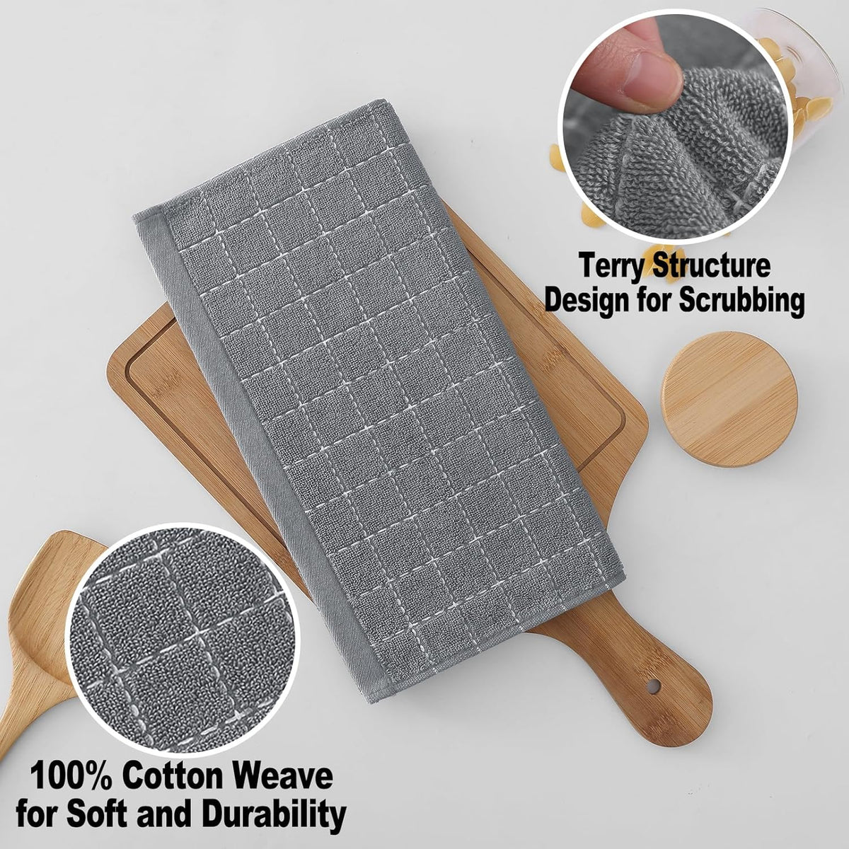 Homaxy 100% Cotton Terry Kitchen Dish Cloths, Ultra Soft and Absorbent Dish Towels for Kitchen, Suitable for Drying and Washing Dishes, 8 Pack, 12 x 12 Inches, Grey