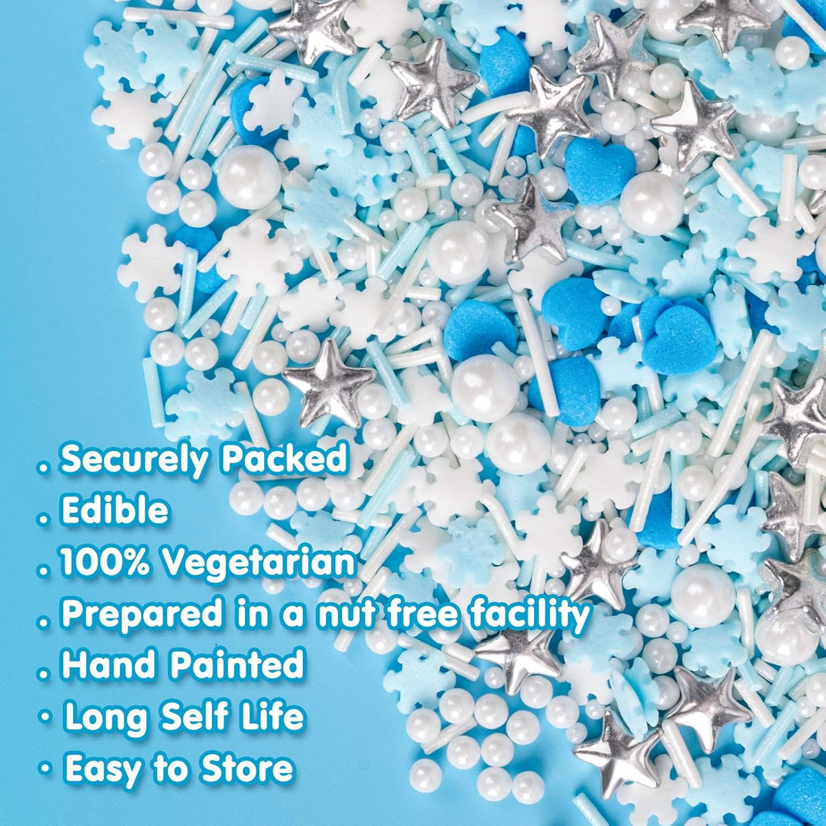 Edible Frozen Sprinkles ,Blue Heart White Snowflake Silver Star Pearl Jimmies Mix,130g/4.58oz,Winter Snow Sugar Pearls Sprinkles for Decorations Baking,Cake Ice Cream Cookies Cupcake Topper Chocolate,Birthday Children Party Dessert Decorating