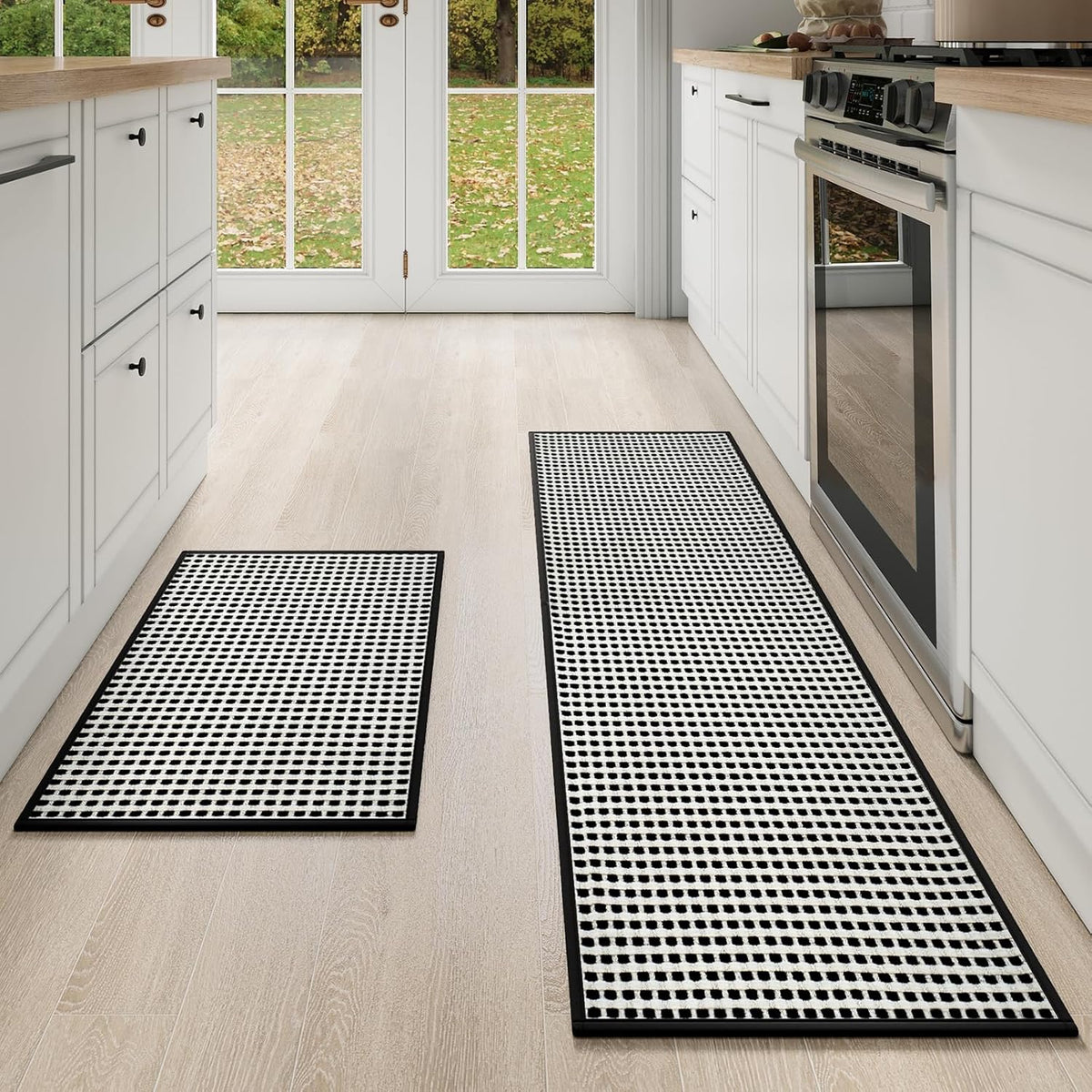 Kitchen Mat Kitchen Rugs Sets of 2 PCS Non Slip Washable, Super Absorbent Soft Braided Kitchen Mats for Floor, Rubber Backing Comfort Standing Kitchen Sink Mat Runner Rug, Black 17"x28"+17"x59"