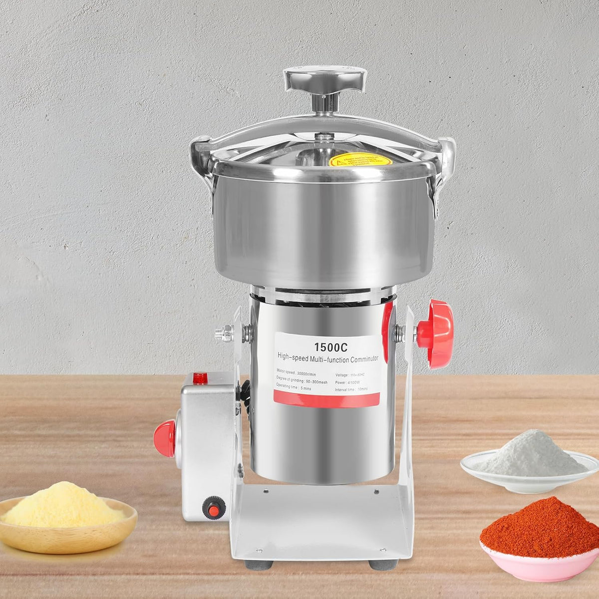Electric Grain Mill Grinder High Speed 30000r/min Powder Machine Grain Spice Herb Grinder Dry Grinder Machine Stainless Steel Powder Grinder for Dry Spice Herbs Grains Coffee Rice Pepper (1500g 4100W)