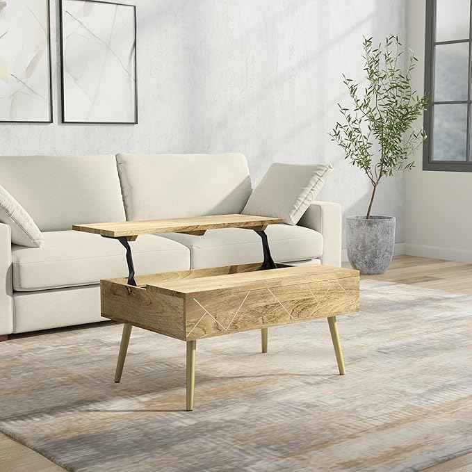 SIMPLIHOME Jager Lift Top Coffee Table - 36 inch Wide Solid Mango Wood Contemporary Modern Cocktail Table in Natural, Stylish Living Room Table with Hidden Storage, Brass Inlay, and Gold Metal Legs