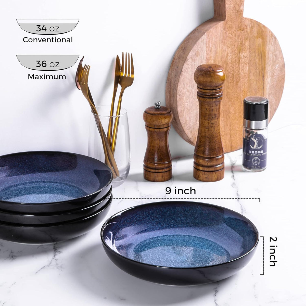 LERATIO Large Pasta Bowls,38oz Ceramic Pasta Bowls,9.0" Reactive Glaze Pasta Bowl Set of 6,Microwave & Dishwasher,Oven Safe,Wide Serving Bowls for Salad,Pasta,Fruit,Scratch Resistant-Blue