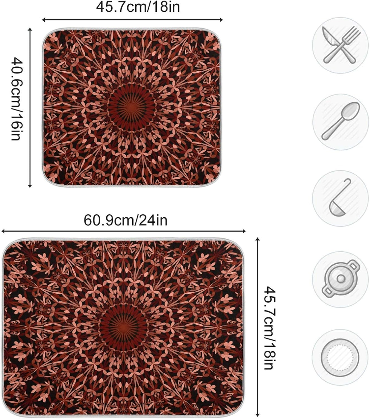 Super Absorbent Dish Drying Mat, Microfiber Fast-Drying Dish Mat, 16" x 18", Kitchen Dish Drying Pad, Mandala Maroon Boho