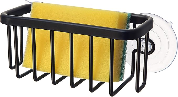 SunnyPoint NeverRust Kitchen & Bathroom Sink Caddy for Sponges, Scrubbers, Soap, 6" x 2.5" x 2.65", with Adhesive Mount - Additional Suction Cup Included –Aluminum (Black)