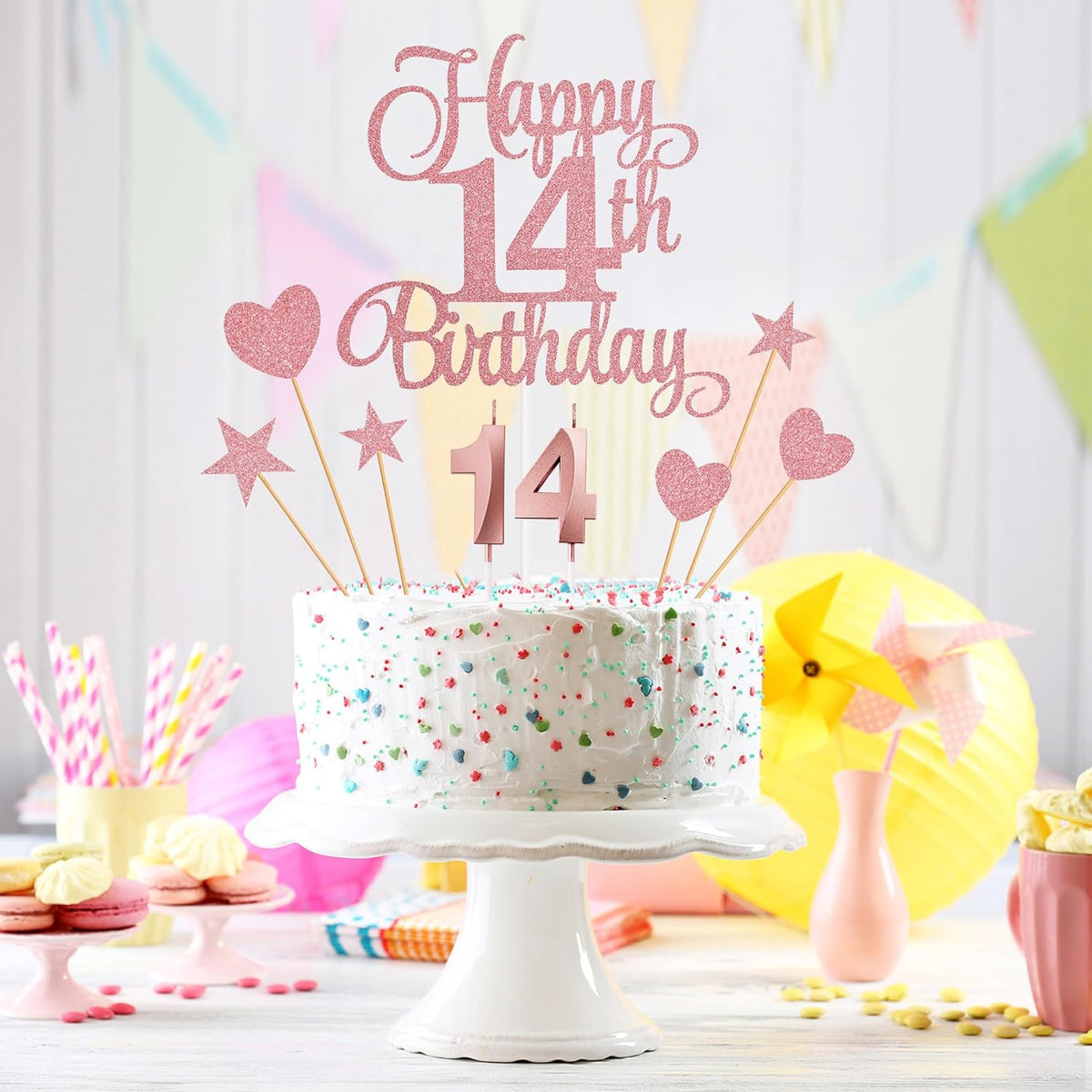 14th Birthday Cake Decorations, 14th Birthday Candles Cake Numeral Candles and Glitter Happy 14th Birthday Cake Toppers Set for Birthday Party Supplies (Rose Gold)
