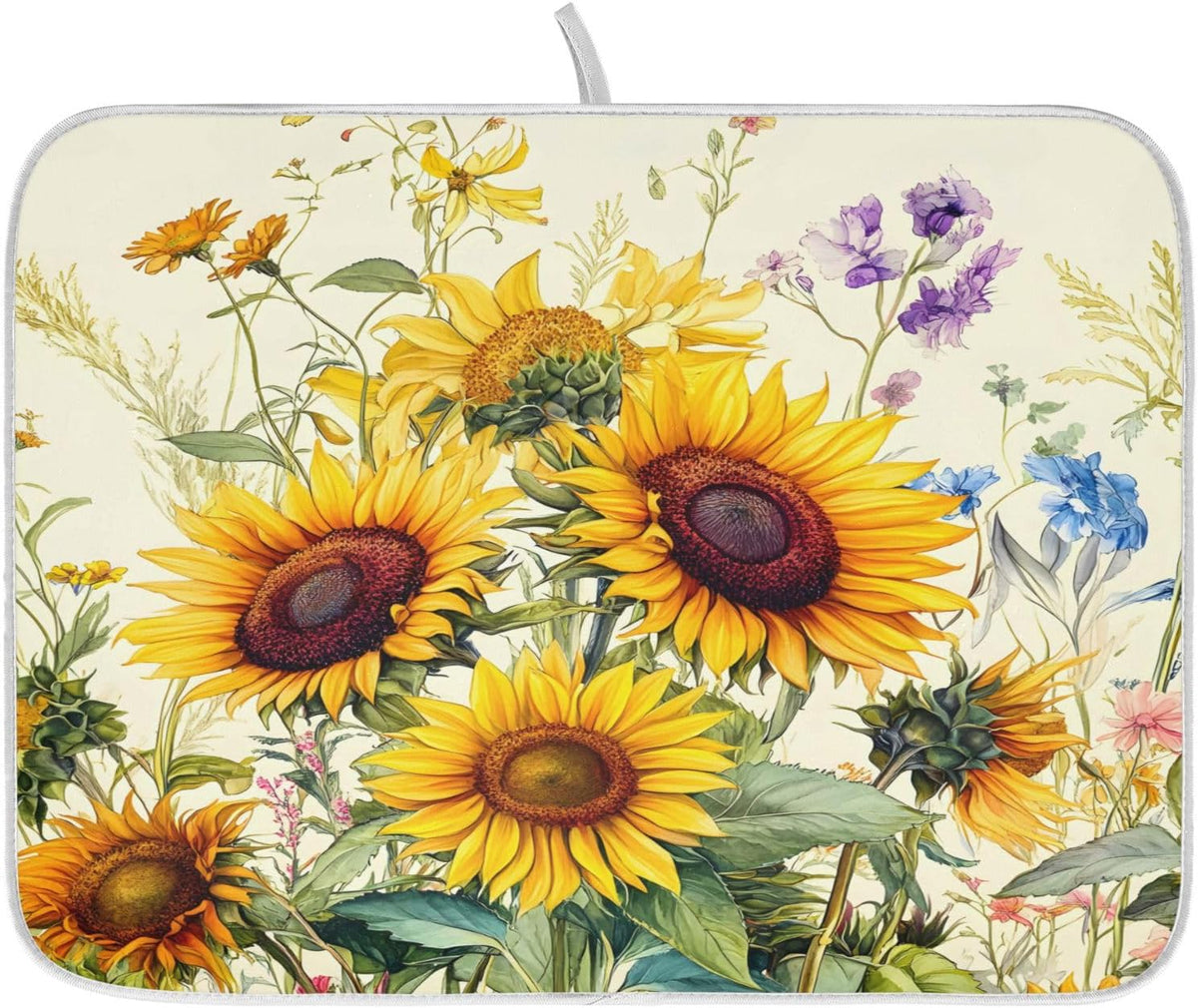 Blooming Sunflowers Dish Drying Mat for Kitchen Counter Absorbent Microfiber Large Drying Pad Dish mats for Kitchen Countertops 18 x 24 Inch