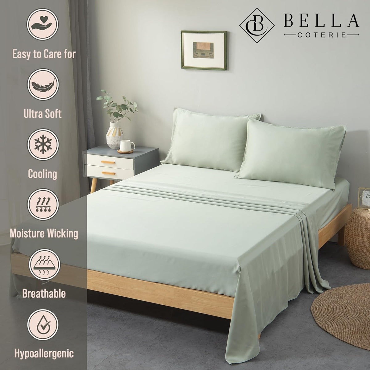 Bella Coterie Luxury Bamboo Viscose Twin Size Sheet Set | 100% Organically Grown | Ultra Soft | Cooling for Hot Sleepers | 18" Deep Pocket [Sea Glass]