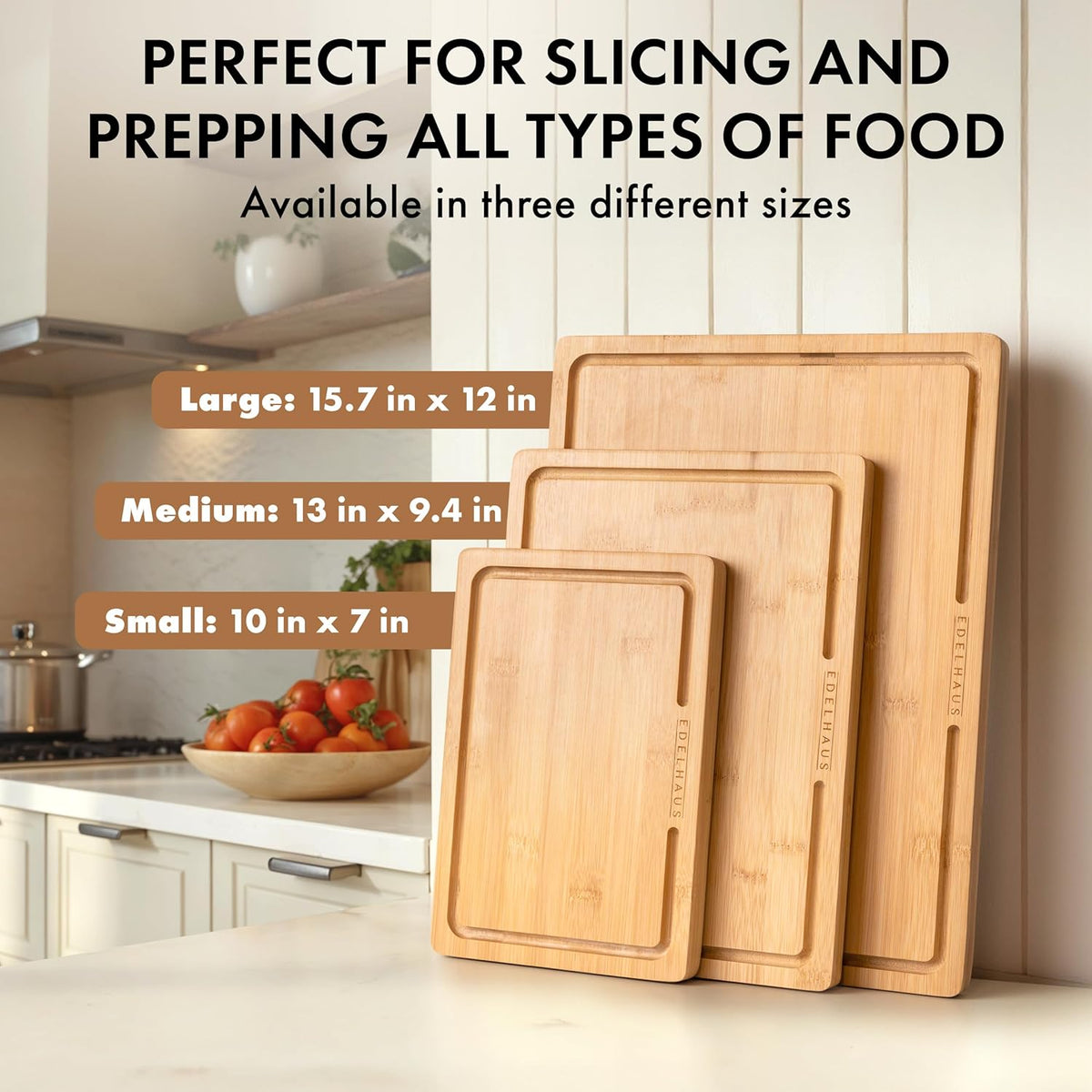 Bamboo Wooden Cutting Boards for Kitchen, Cutting Board Set of 3, Chopping Boards with Juice Groove for Meat, Cheese & Vegetables - Durable, Double sided wood cutting board with serving Compartments