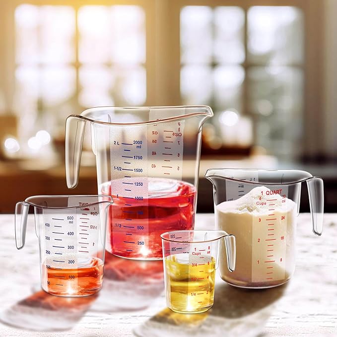 Amazing Abby - Melissa - Plastic Measuring Cups (4-Piece Set), Food-Grade Measuring Jugs, 1/2/4/8-Cup Capacity, Unbreakable, Stackable, Dishwasher-Safe, Great for Oil, Vinegar, Flour, and More
