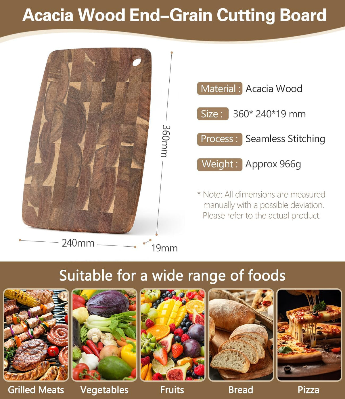XINZUO Small Acacia Wood End-Grain Kitchen Cutting and Serving Board, for Kitchen, 14" x 9" Reversible Wooden Chopping Board for Meat, Cheese, Fruit & Vegetables,Easy to Clean(Rectangular)