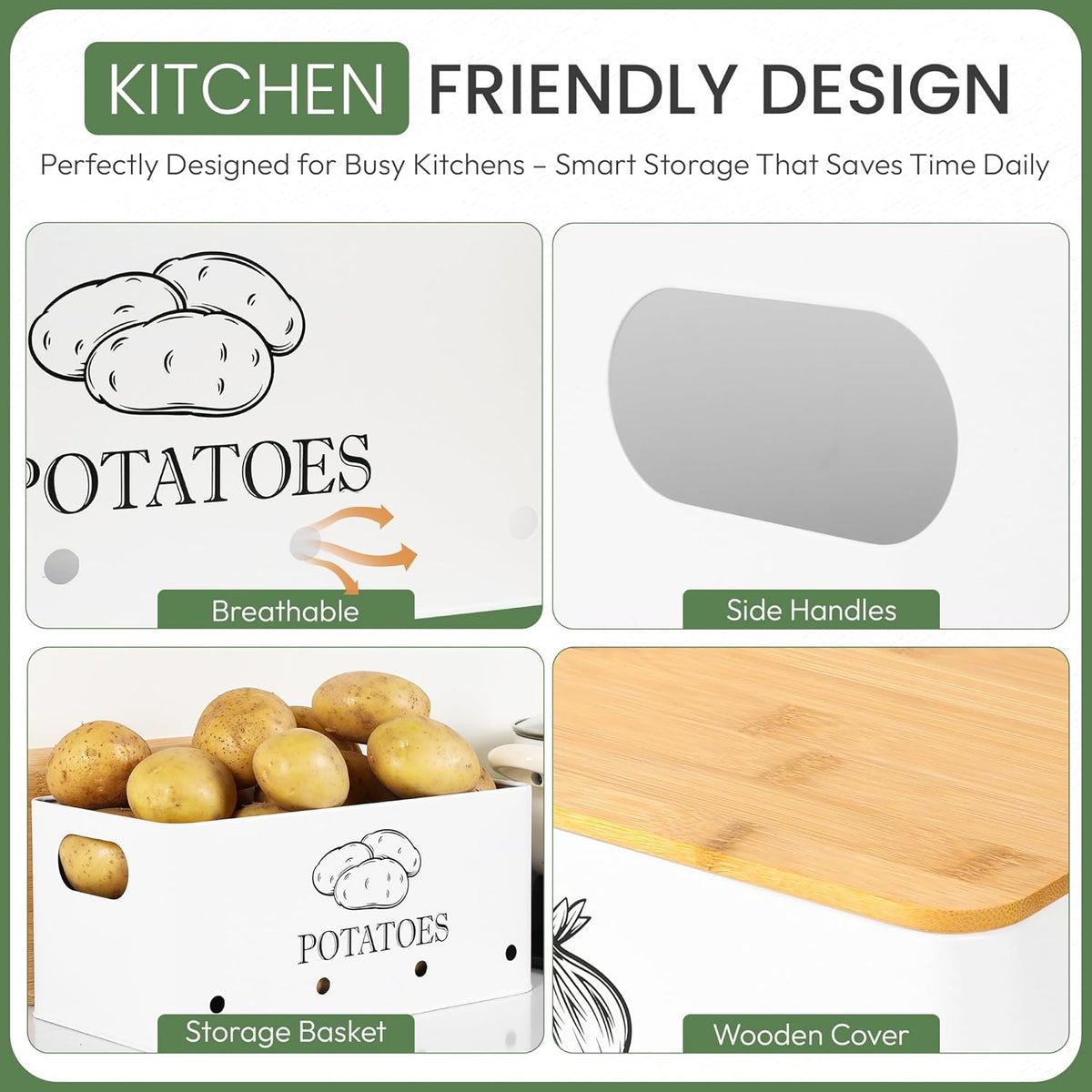 Potato Onion and Garlic Storage Bins with Wooden Lid & Breathable Holes – Rustic Farmhouse Stackable Kitchen Vegetables Canisters with Ventilation & Side Handles Space Saving – Set of 3