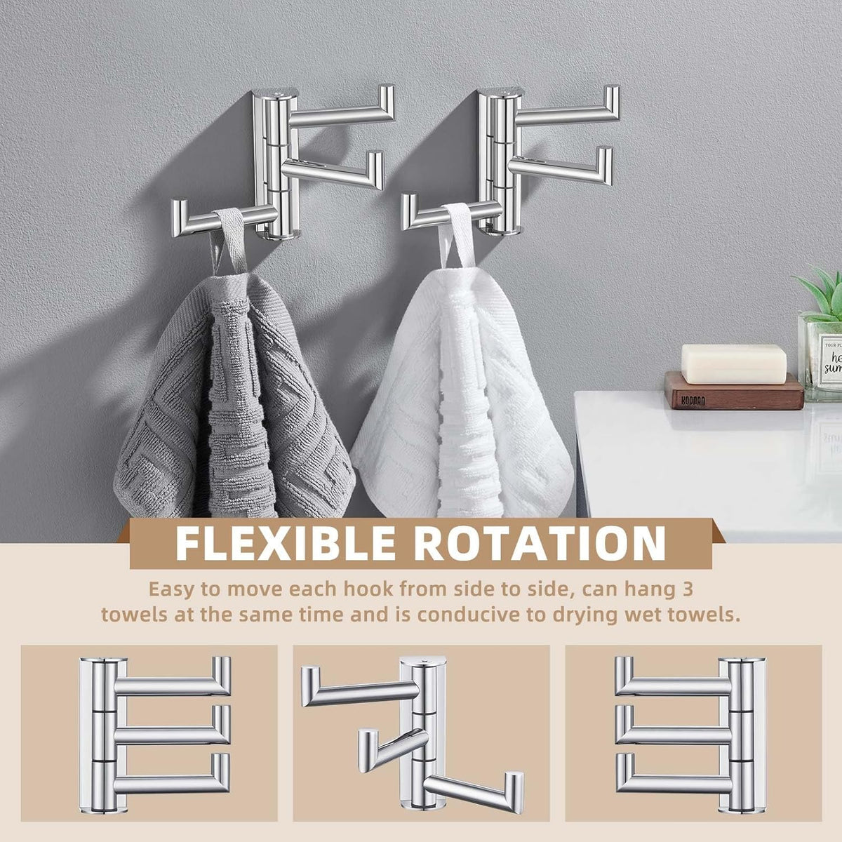 Suyar Swivel Towel Hook Polished Chrome, SUS 304 Stainless Steel Robe Holder for Bathroom with 3 Arms, 2 Pack
