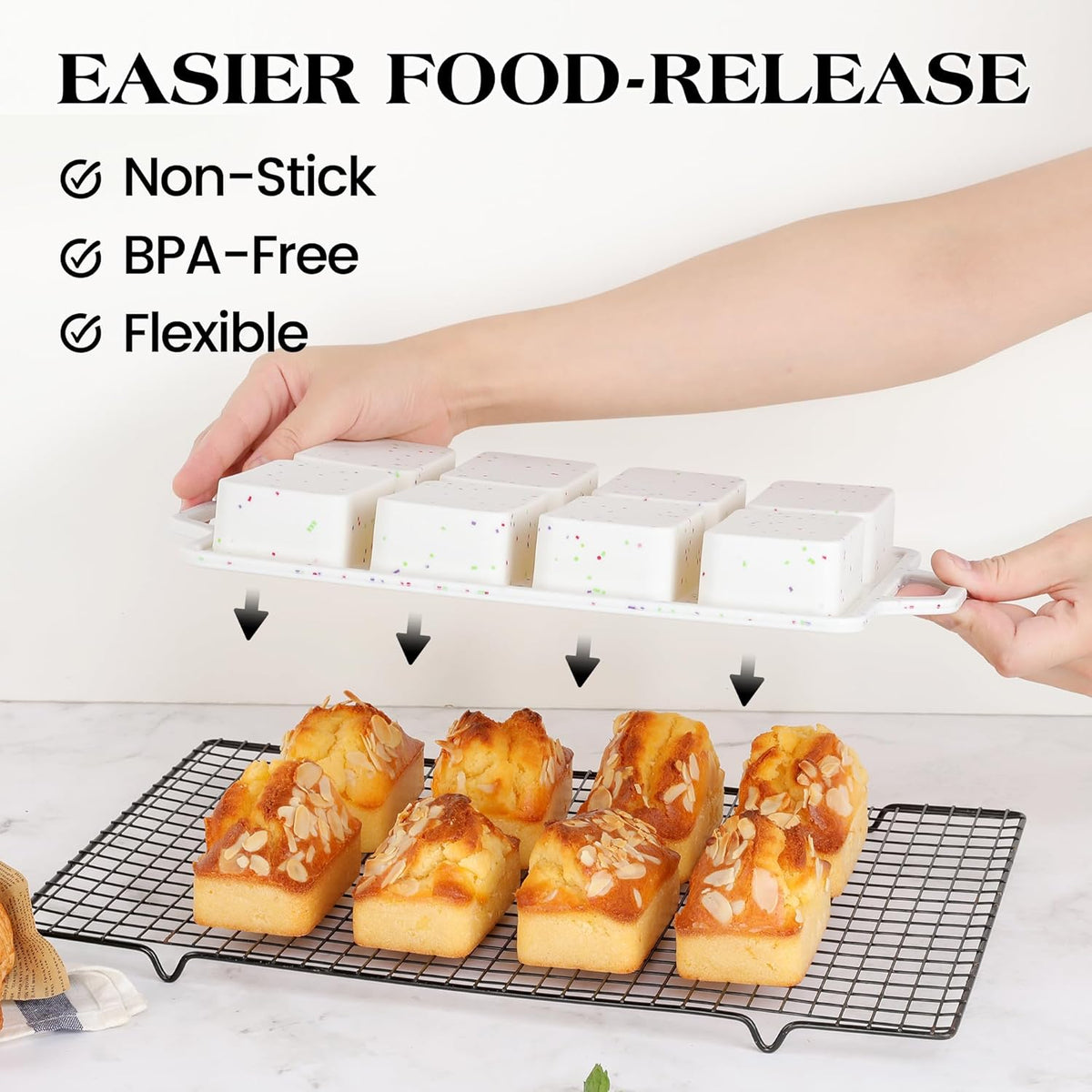 1 Pc Mini Loaf Pans Silicone, Nonstick Small Bread Pans for Baking, Tiny Meatloaf Pan with Metal Reinforced Frame 8 Cavity (Cream)
