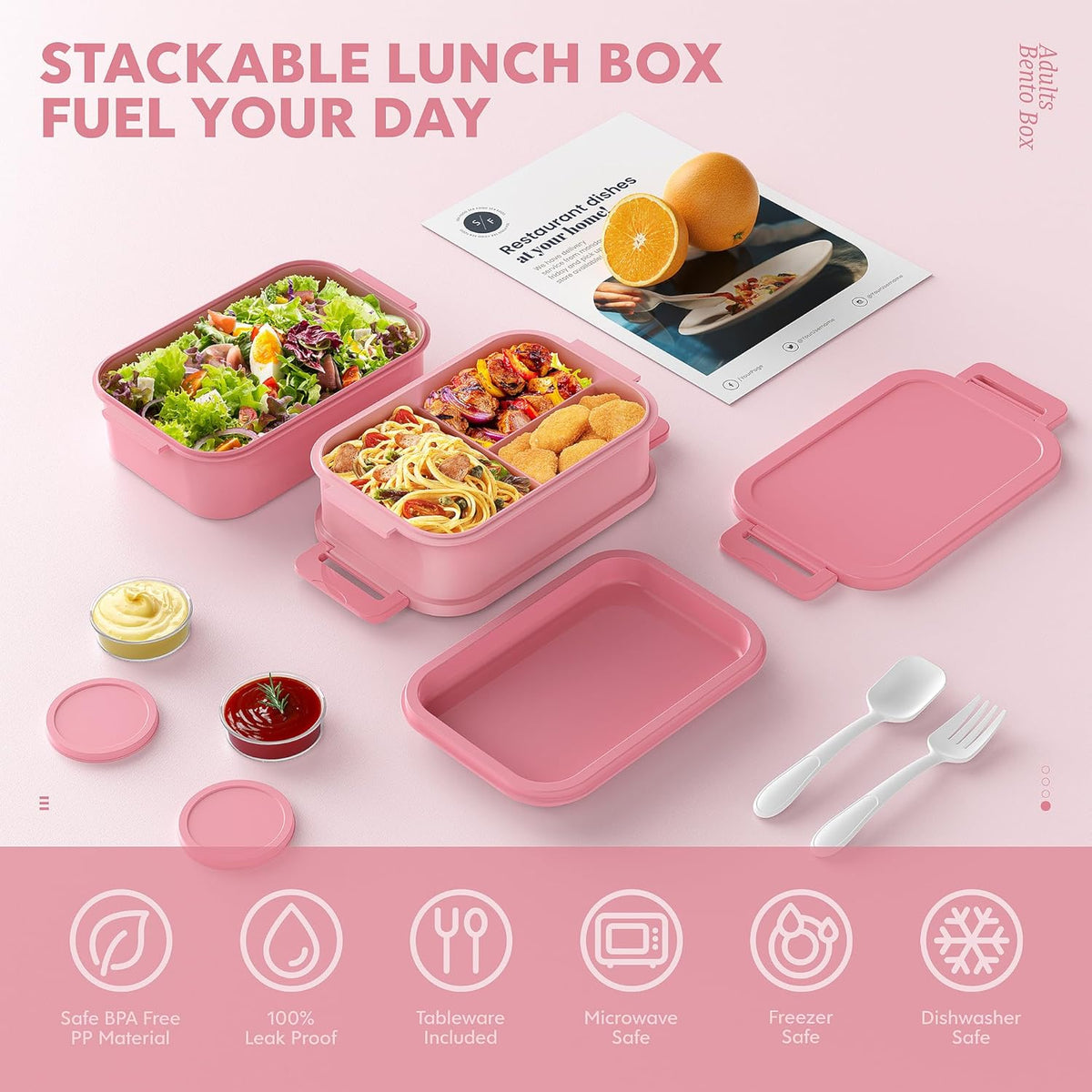 Jelife Bento Lunch Box for Adults - 3 Layers Leak-Proof Stackable Bento Box for Adults, 72oz Large-Style All-in-One Adult Lunchbox Bento Box with Utensil Accessories for Dining Out,Work, Pink