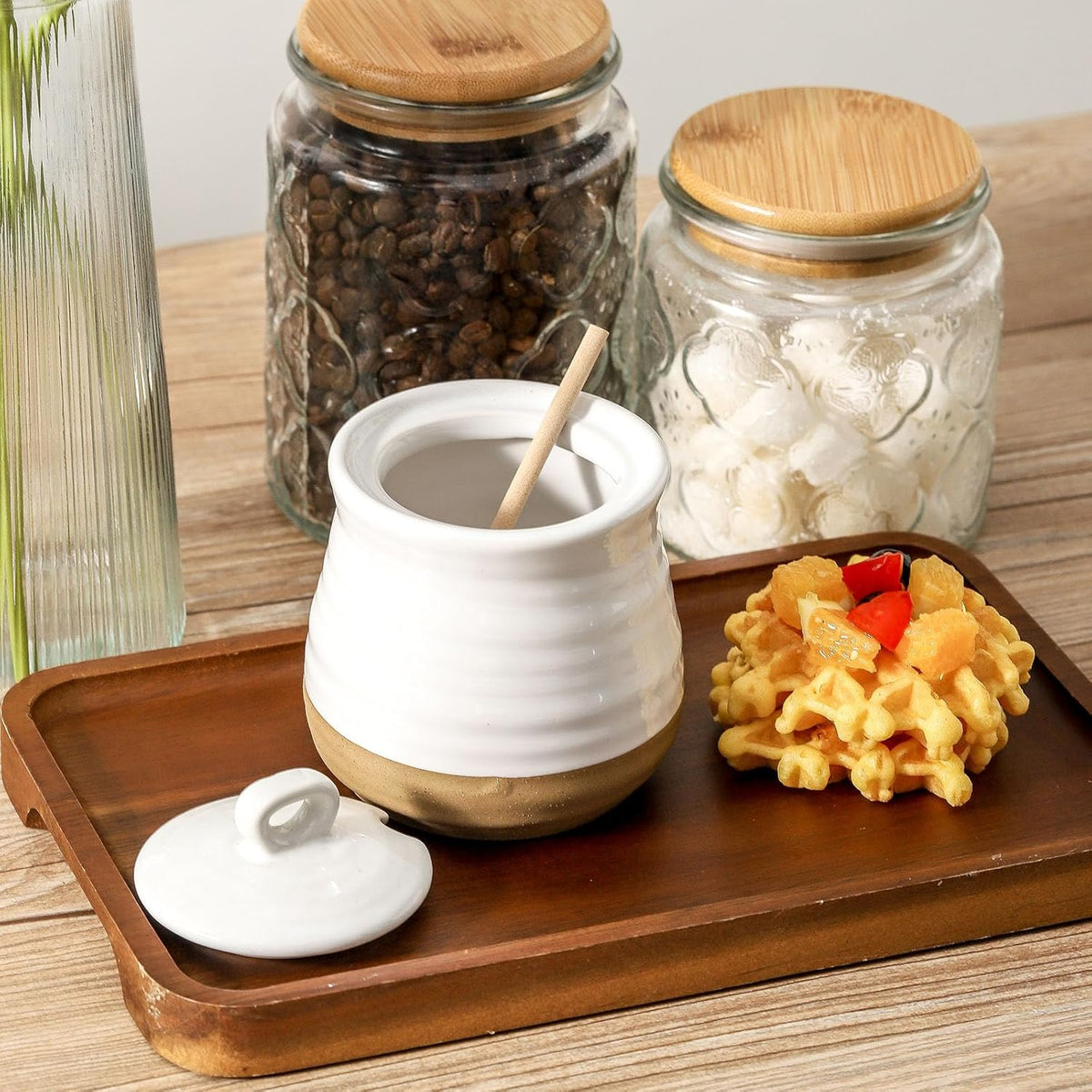 Ceramic 12 Ounce Honey Jar and Dipper Set,Porcelain Honey Pot with Lid and Wooden Dipper,Cute Honey Containers for Party,Holiday,Halloween Favors,Farmhouse Kitchen Decor,Dishwasher Safe,White