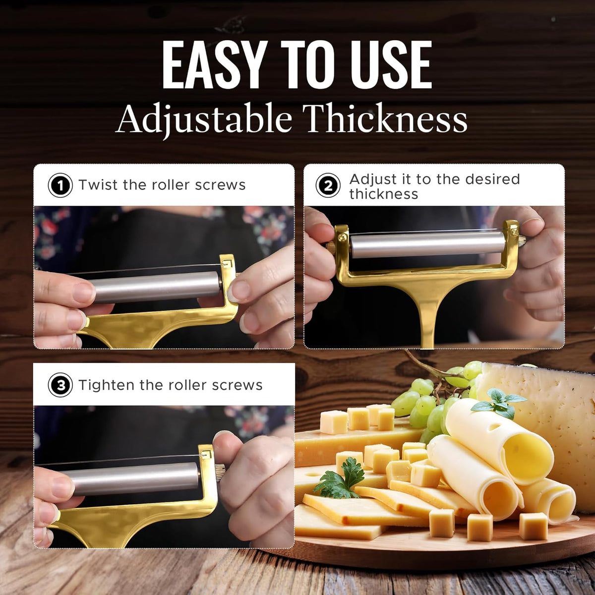 Zulay Cheese Slicer With Adjustable Thickness – Heavy Duty Block Slicer with 2 Extra Wires – Ideal for Mozzarella, Cheddar, Gouda (Gold)