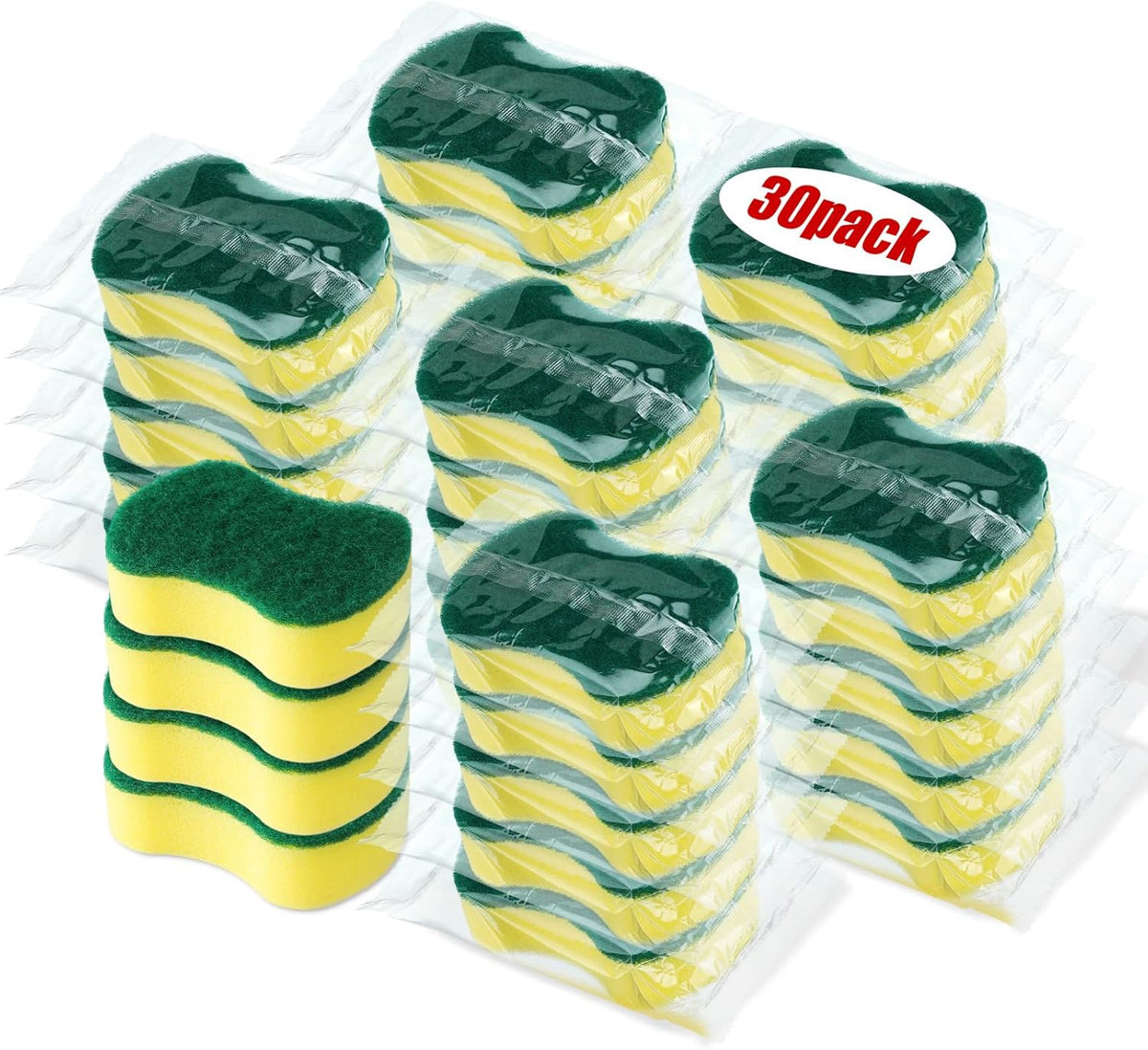 Tanlade 30 Pcs Individually Wrapped Sponges Kitchen Bulk Non Scratch Scouring Sponges for Dishes Household Cleaning Travel Apartments Hotel Car