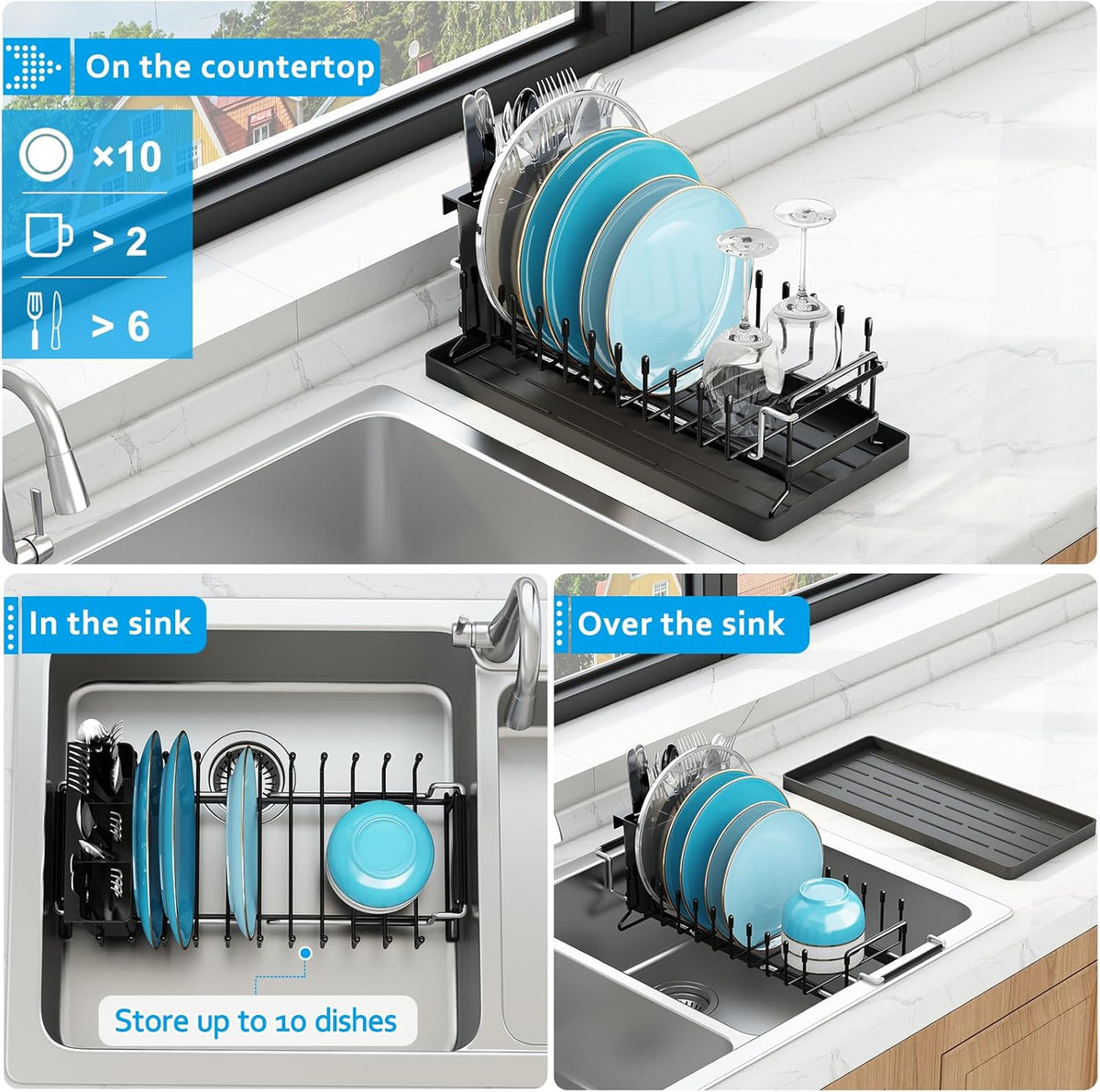 ANTOPY Sink Dish Drying Rack - Expandable Small Dish Rack Over Sinks with Silicone Drying Tray, Dish Drainer for Kitchen Counter with Cutlery Holder, Drying Rack Fit for 14’’-19’’ Kitchen Sink