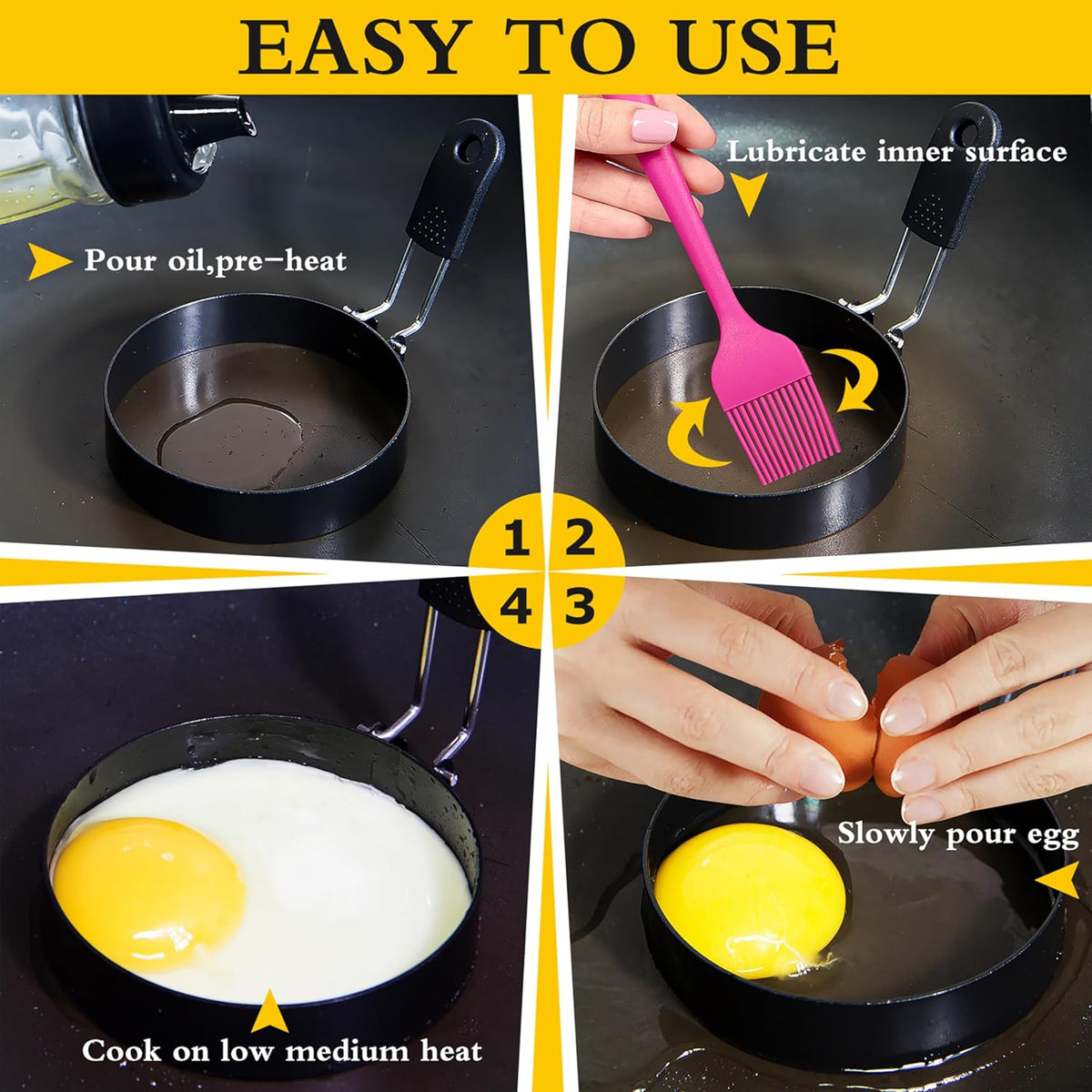 4 packs 3.5'' Egg Rings Set with Silicone Handle, Stainless Steel Egg Cooking Rings,Nonstick，For Frying Eggs and Egg Mcmuffins, Egg Mold For Breakfast