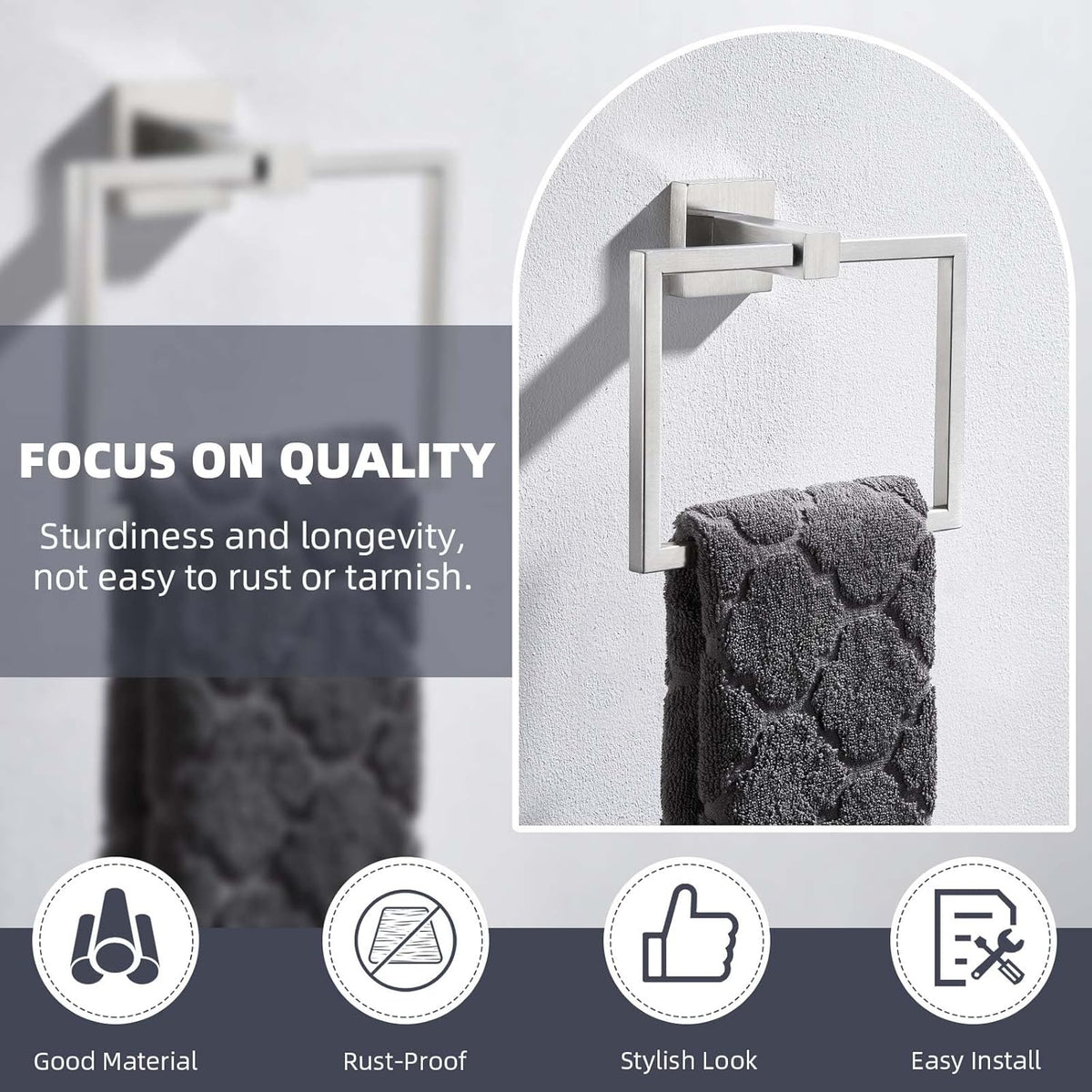 Suyar Brushed Nickel Towel Ring, SUS 304 Stainless Steel Modern Bathroom Hand Towel Holder for Wall