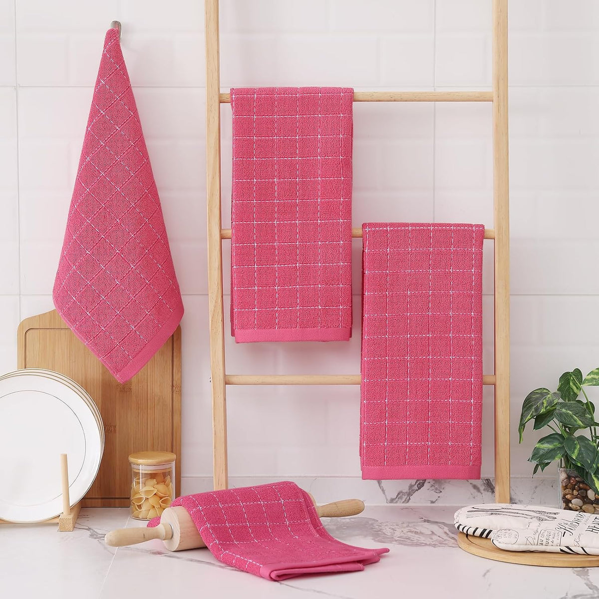 Homaxy 100% Cotton Terry Kitchen Towels(Rose Red, 13 x 28 inches), Checkered Designed, Soft and Super Absorbent Dish Towels, 6 Pack