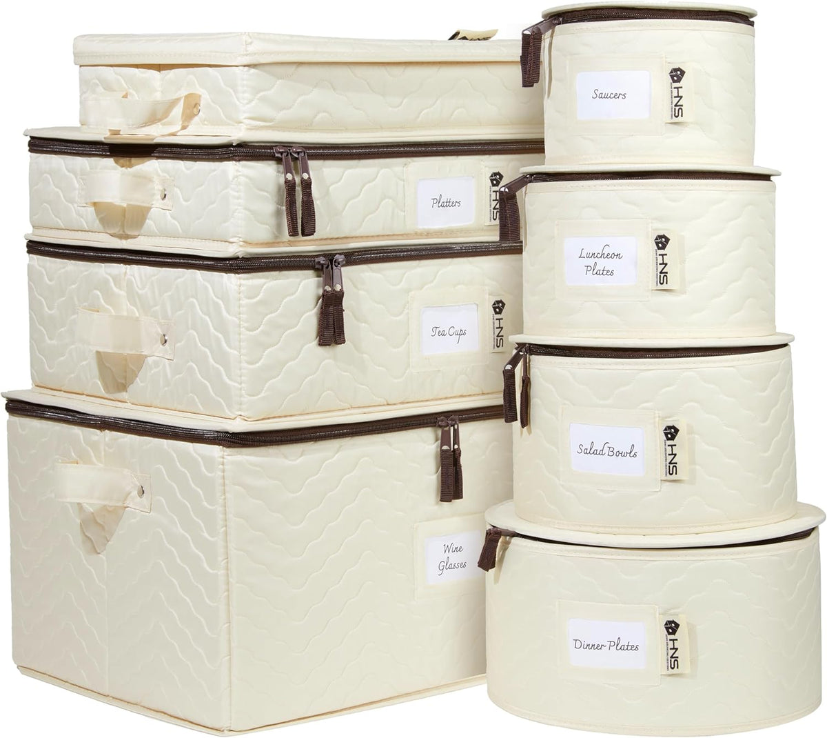 Hard Shell China Storage Containers 8-Piece Set Moving Boxes for Dinnerware, Glasses, Plates, Mugs and Saucers Sturdy Dish Organizer with Dividers for Seasonal Storage - Service for 12 - Beige Quilted