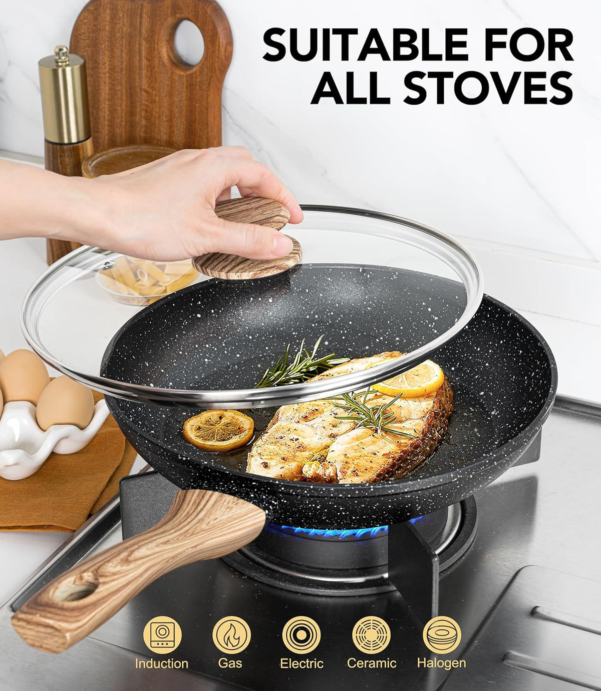 MICHELANGELO 10 Inch Frying Pan with Lid, Nonstick Frying Pan with Healthy Granite Coating, Nonstick Pan with Anti-Scald Handle, Induction Compatible