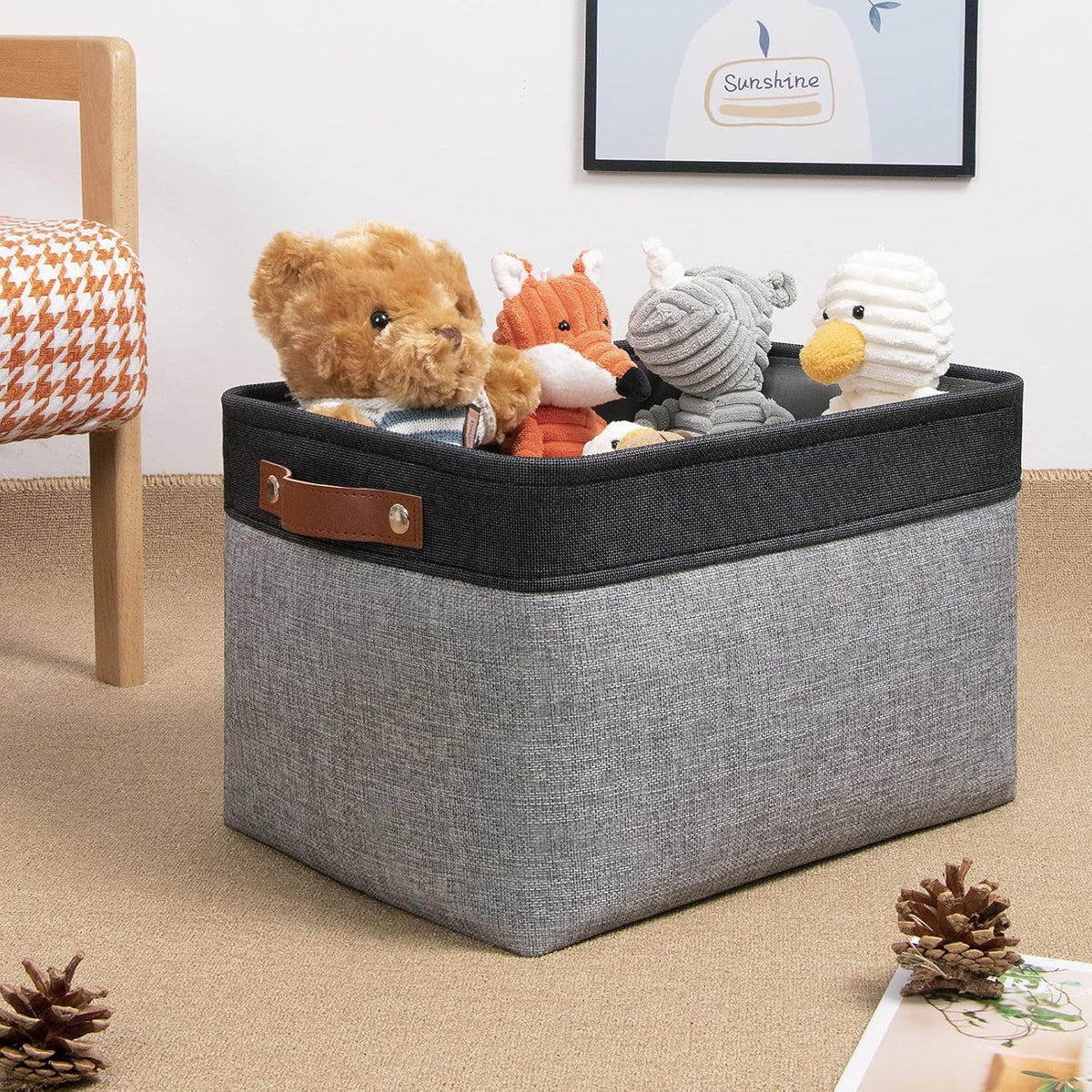 DULLEMELO Canvas Storage Bin with Handles, Fabric Bins for Shelves, Bedroom, Office,Nursery,Fabric Storage Baskets for Toys, Clothes,Gift(Black&Grey,15"x11"x9.5",4-Pack)