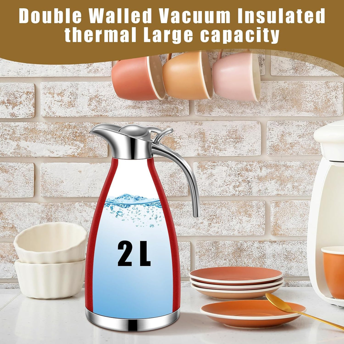 Uiifan 2 Pcs 68 oz Thermal Coffee Carafe Insulated Stainless Steel Coffee Carafe for Hot Liquids Vacuum Thermal Pot Creamer Dispenser with Brushes Keeping Hot Tea Milk Water(Red)
