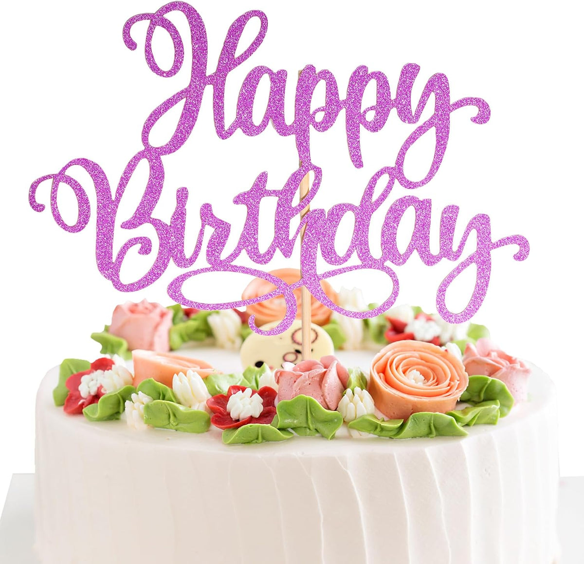 Happy Birthday Cake Toppers 9 Inch Glitter Happy Birthday Cake Pick for Birthday Anniversary Theme Party Cake Decorations Supplies - Rose Red