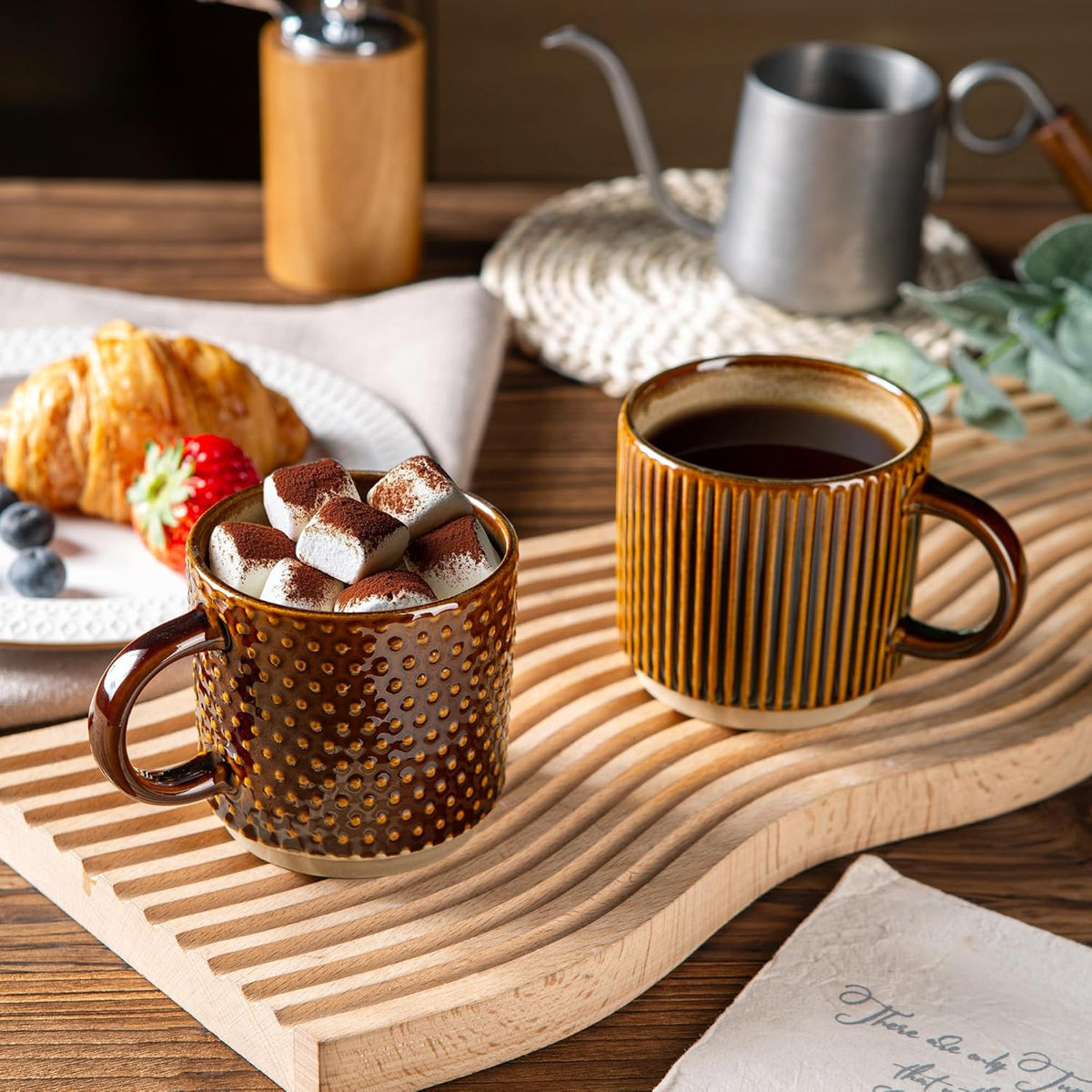 GBHOME 6 OZ Stackable Coffee Mugs, Ceramic Coffee Mugs with Texture Patterns for Man,Woman,Dad,Mom, Modern Coffee Cups Set of 4 for Espresso/Cappuccino. Dishwasher&Microwave Safe,