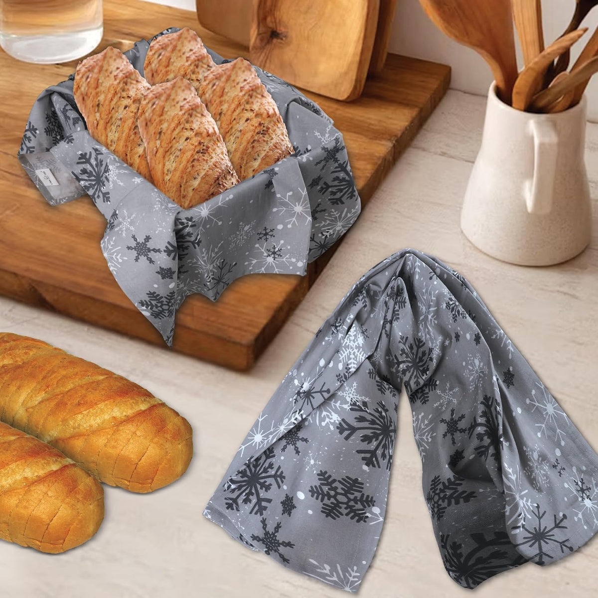 Urban Villa Christmas Kitchen Towels Grey Snowflake Print Premium Quality 100% Cotton Dish Towels Mitered Corners Over Sized 20X30 Inches Set of 6 Highly Absorbent Kitchen Towels with Hanging Loop