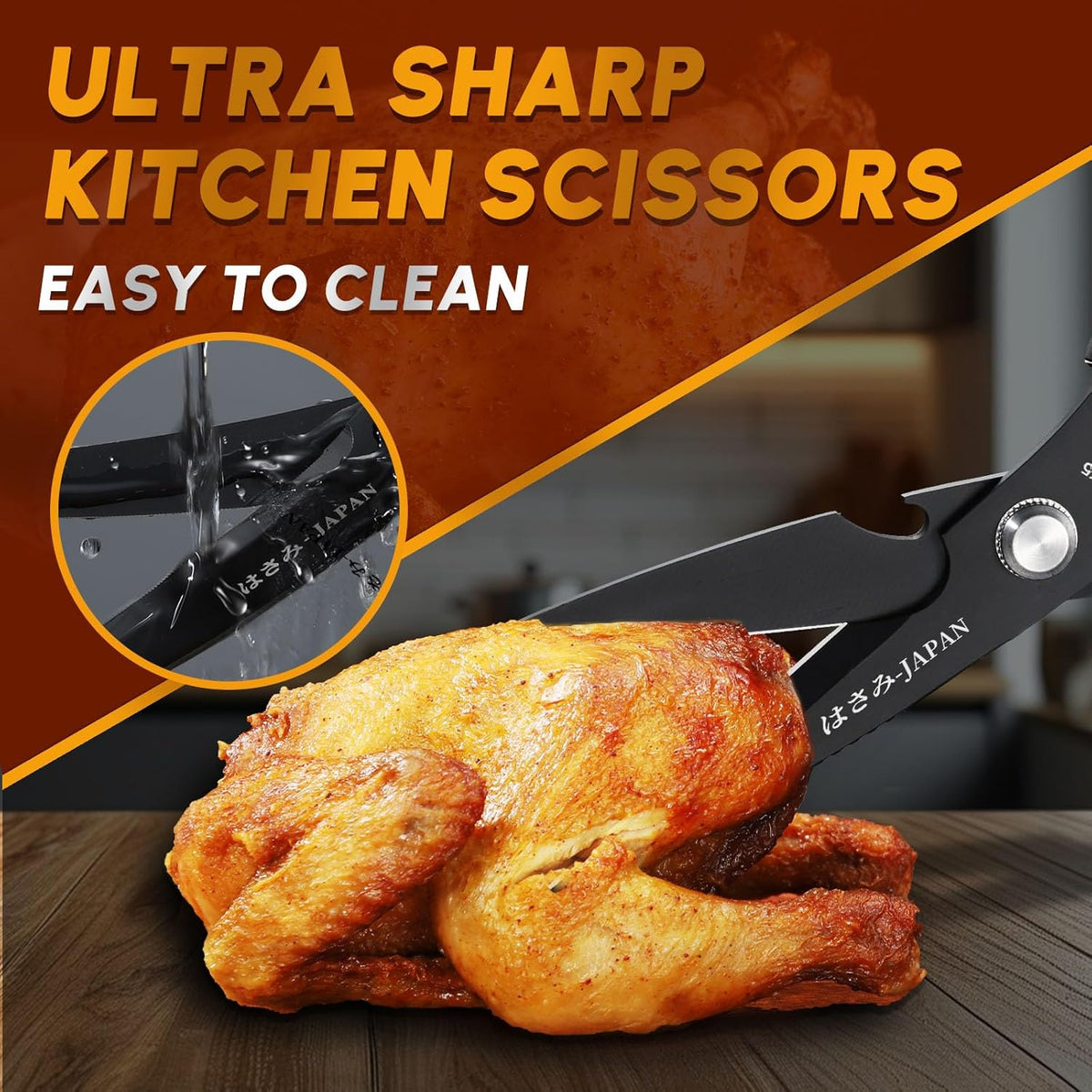HUUSK Kitchen Scissors Set Black - Stainless Steel Kitchen Shears, Sharp Meat Scissors Dishwasher Safe, Heavy Duty Poultry Shears all Purpose, Japanese Cooking Scissor for Food, Chicken, and Turkey