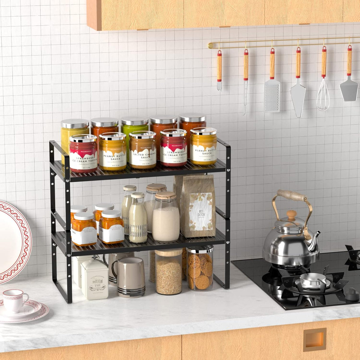 iPEGTOP 2 Pack Large Expandable Cabinet Storage Shelf, Heavy Duty Stackable Steel Metal Spice Rack Adjustable Height Home Office Pantry Garage Shelves for Counter Kitchen Organization, Black